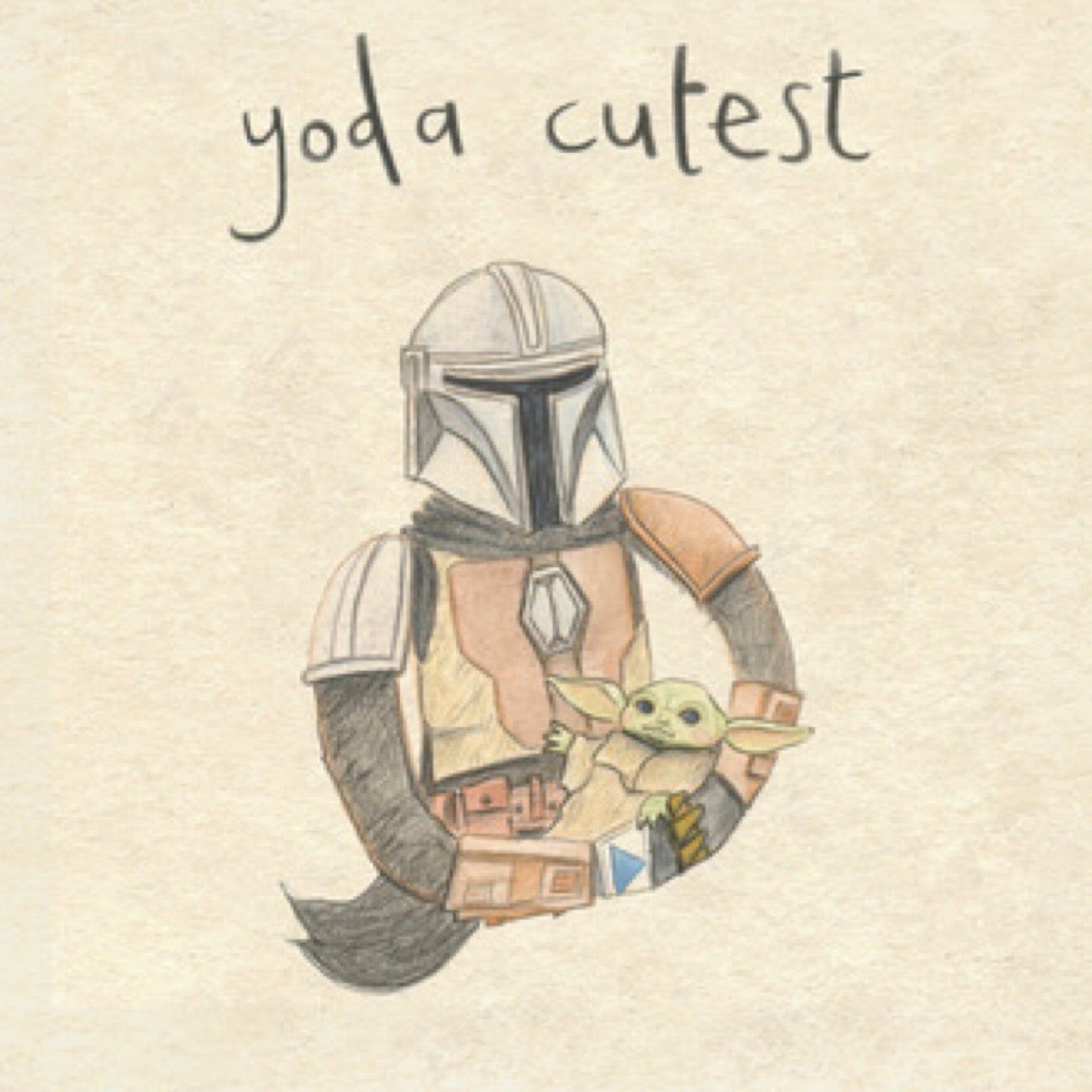 Illustrated print of Mando the bounty hunter carrying baby Yoda and the text 'Yoda Best'.