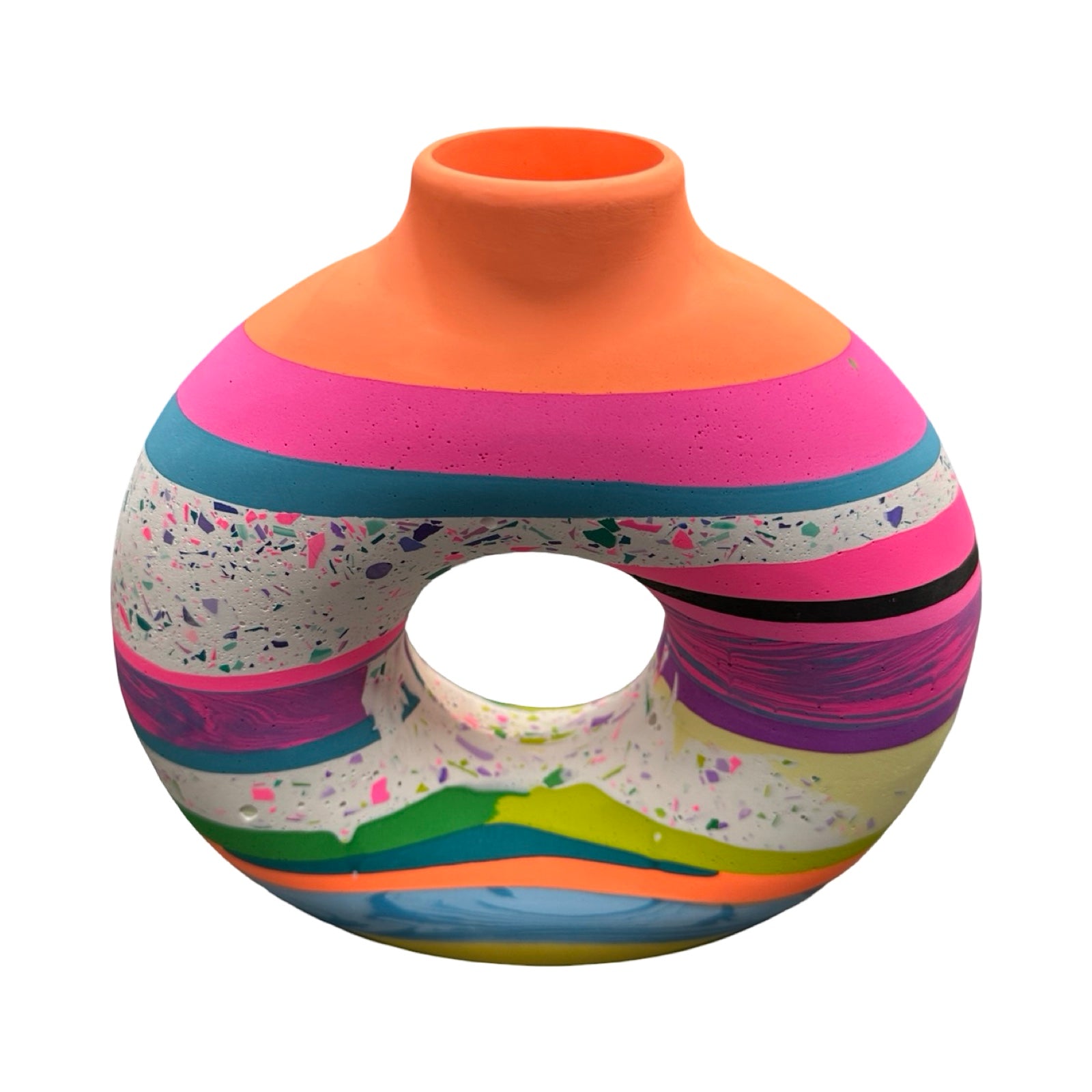Colorful vase with multicolored pattern on a white background.