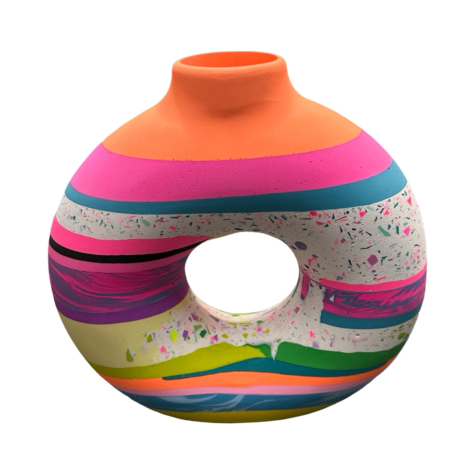 Colorful striped vase with a white background.