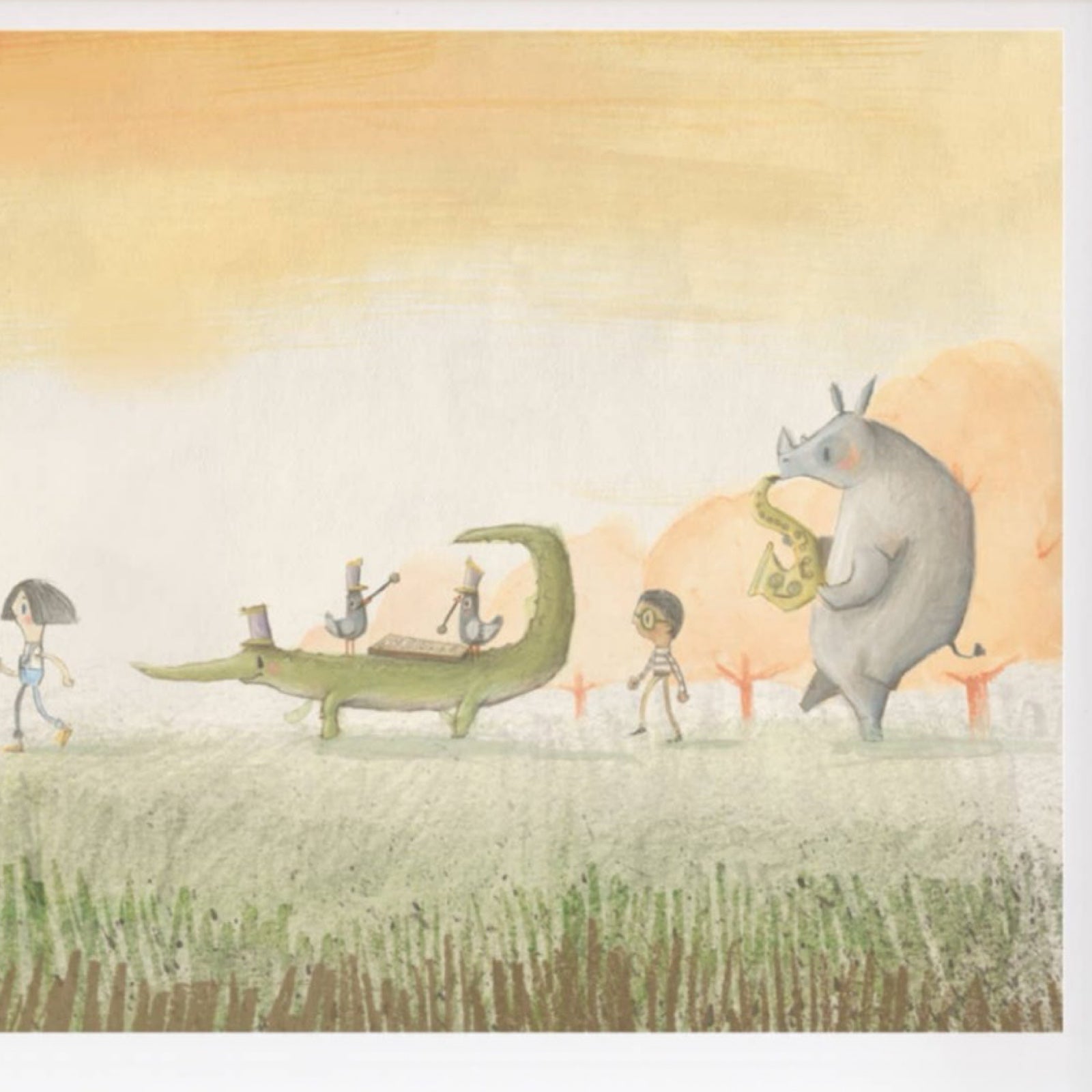 Print of an animal marching band, featuring an alligator and a rhino alongside some children.