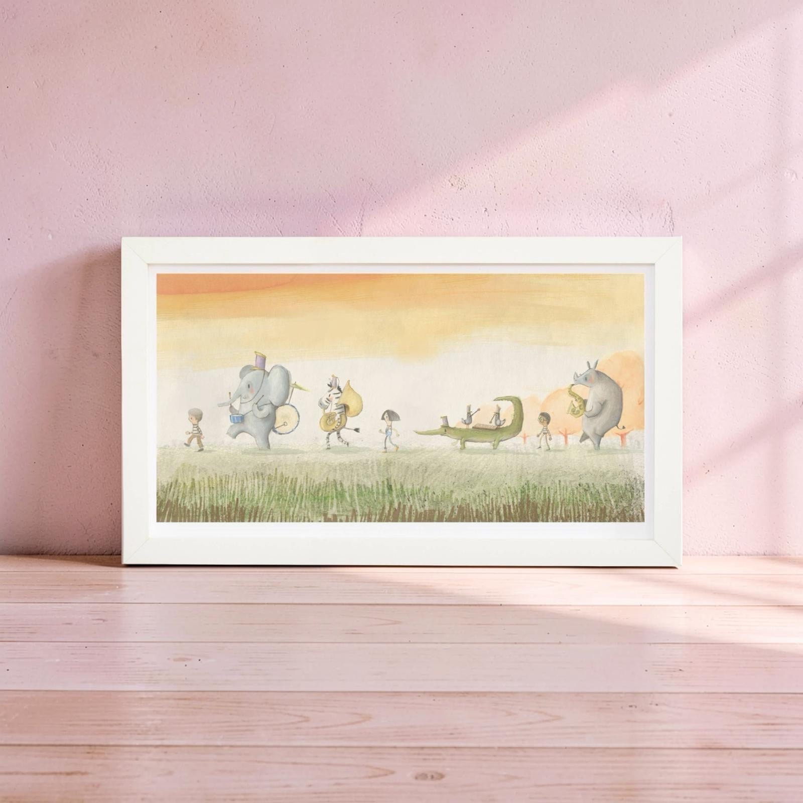 Framed illustration of cartoon characters walking together on a grassy field with a pink wall background.