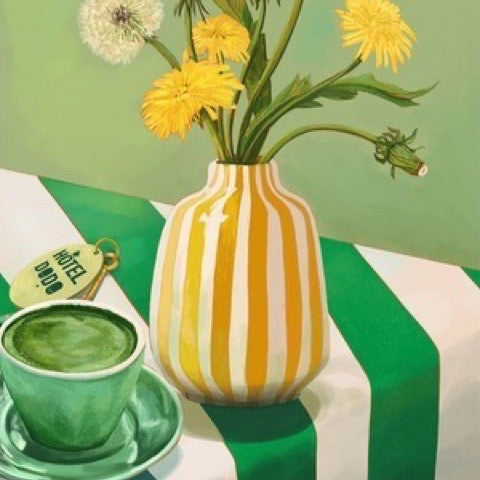 Green and yellow print featuring a gold and white striped vase with a bunch of yellow and white flowers sitting on a table with a green and white strip tablecloth and a cup of tea.