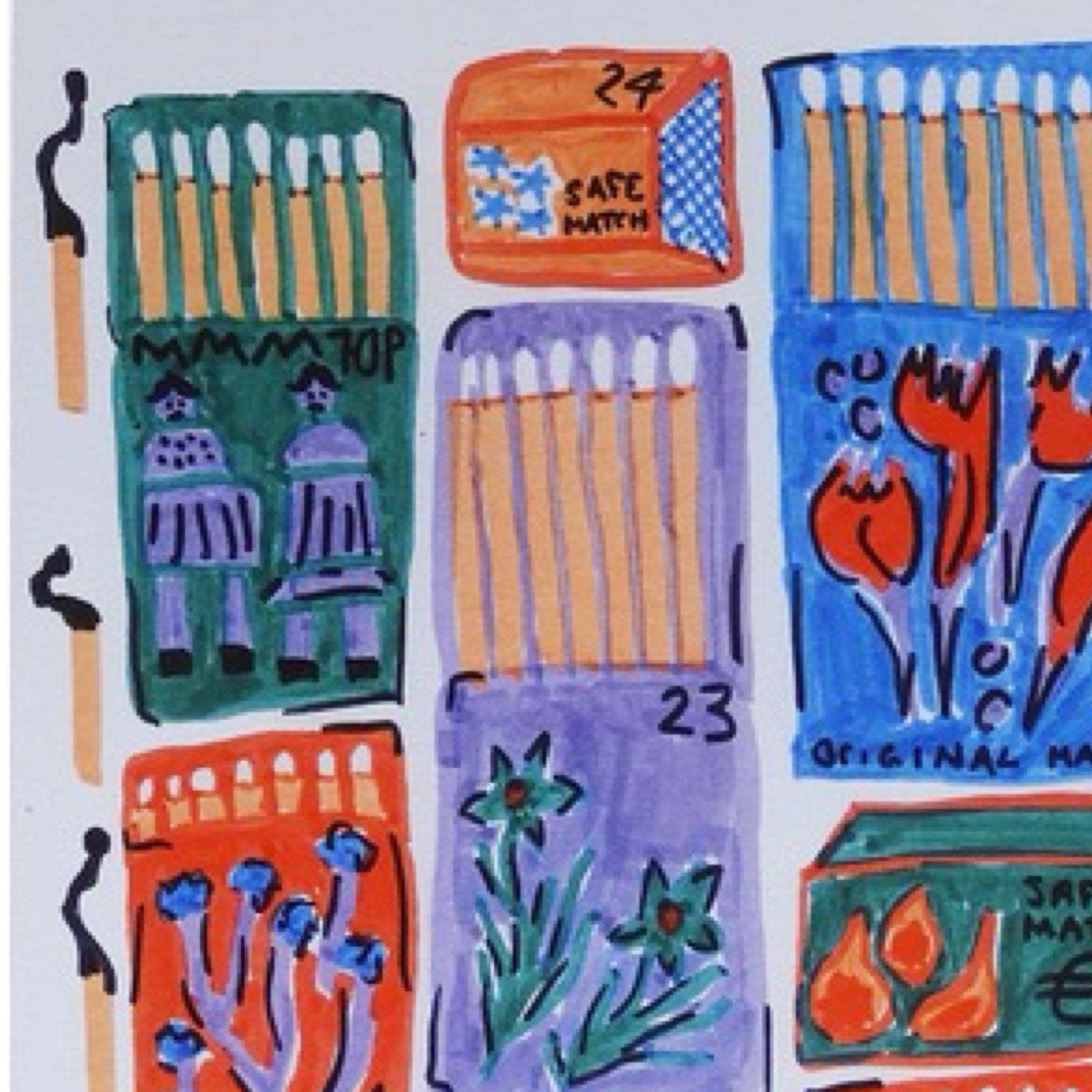 Colorful illustration of matchboxes and matches on a white background.