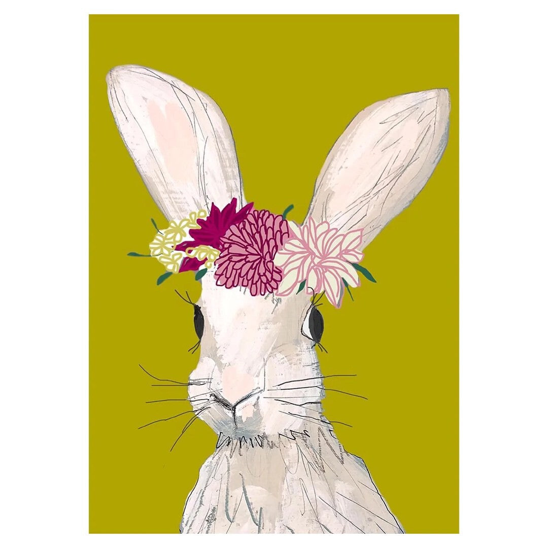 A3 poster print of Mavis the bunny with a beautiful floral head dress.