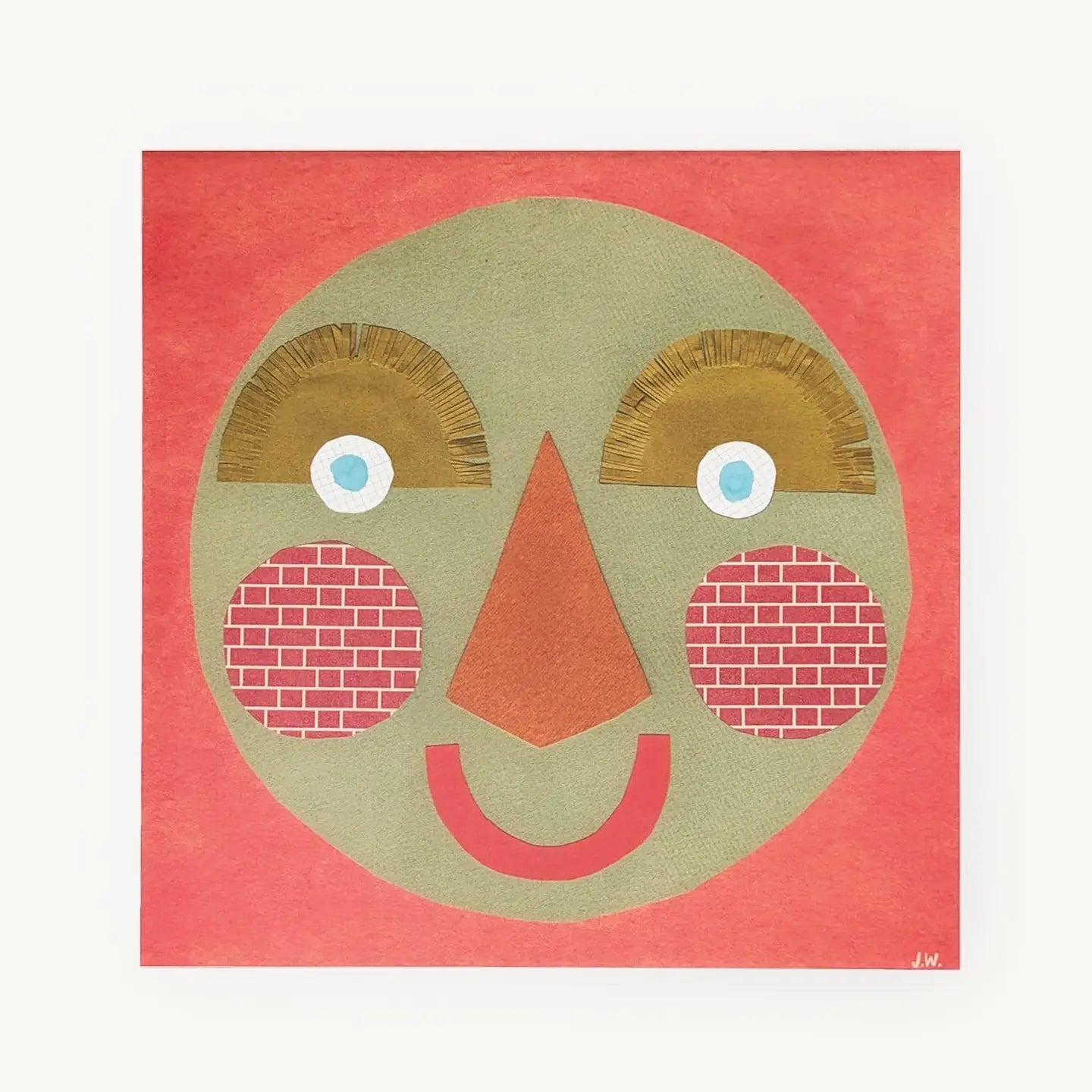 Collaged face design with geometric shapes on a pink background.