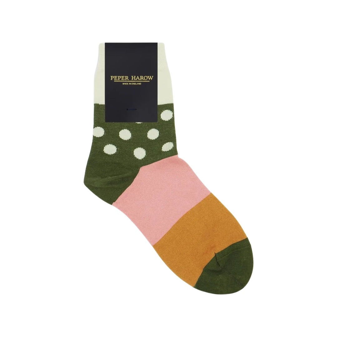 Ladies socks with a cream cuff, khaki and cream polka dots and a mustard and pink sole.