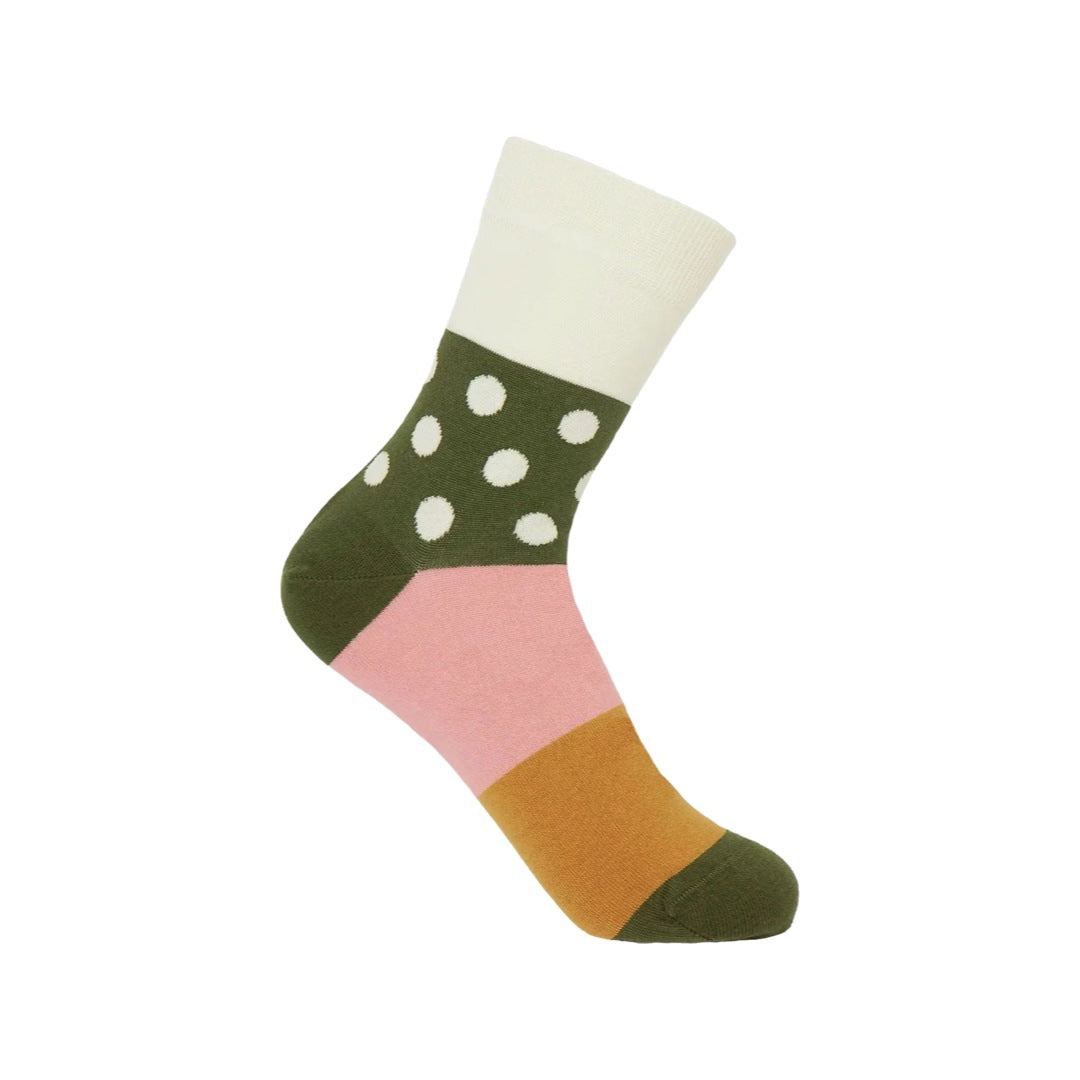 Ladies socks with a cream cuff, khaki and cream polka dots and a mustard and pink sole.