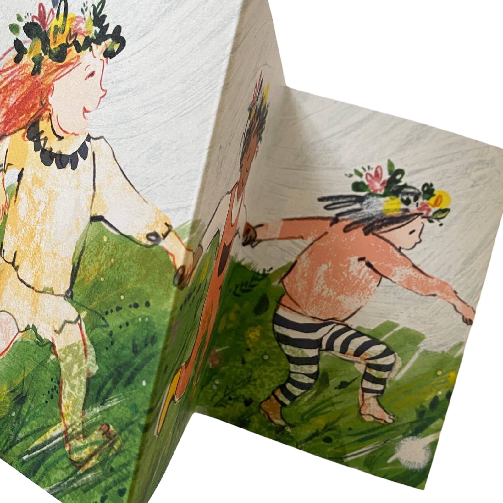 Card with illustration of a girl in a pink dress and floral headband.