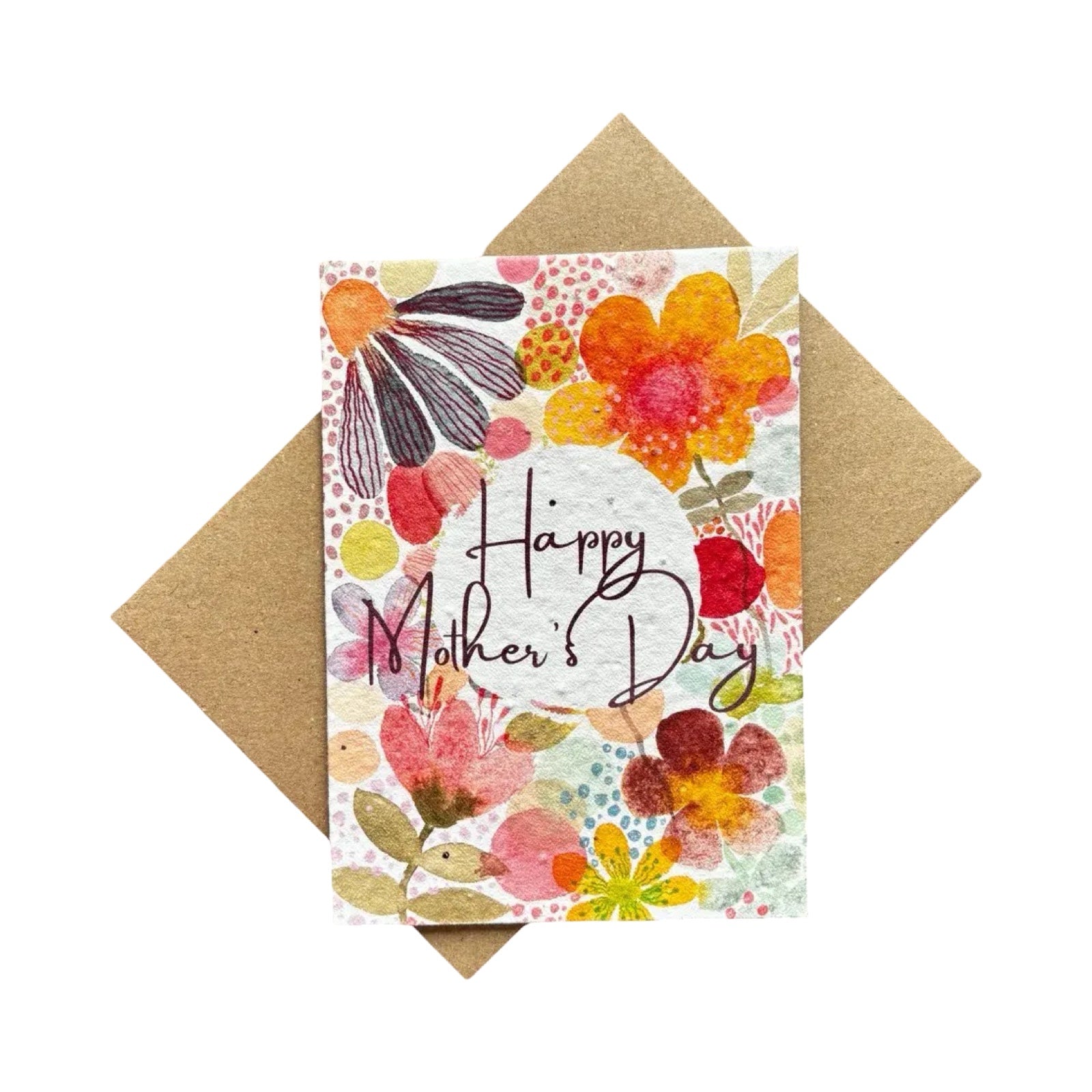 A Mother's Day greeting card with a colourful watercolour floral design and the words 'Happy Mother's Day' in script, shown with a brown kraft envelope on a white background.