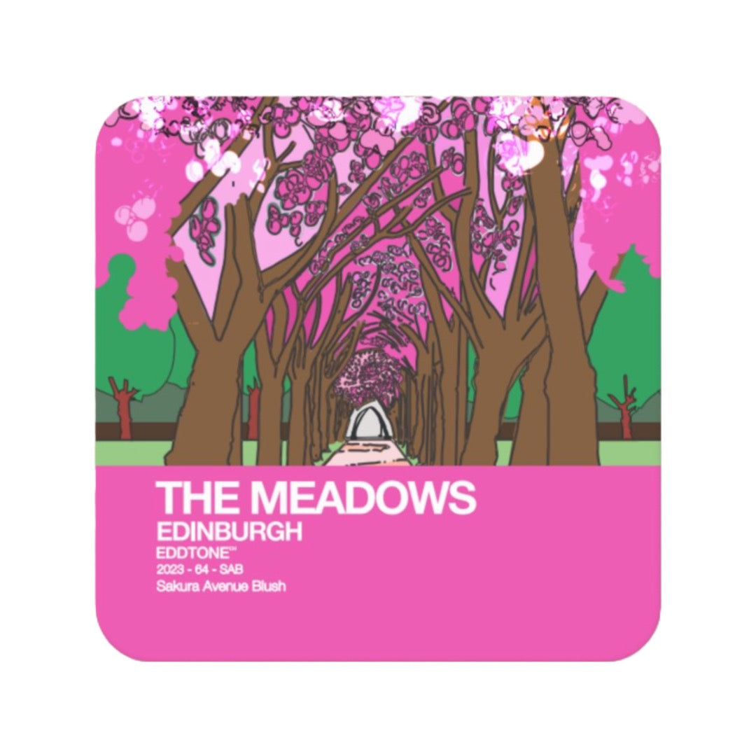 Coaster featuring an illustration of cherry blossom in The Meadows park in Edinburgh.