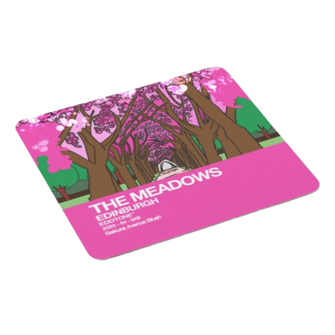 Coaster featuring an illustration of cherry blossom in The Meadows park in Edinburgh.