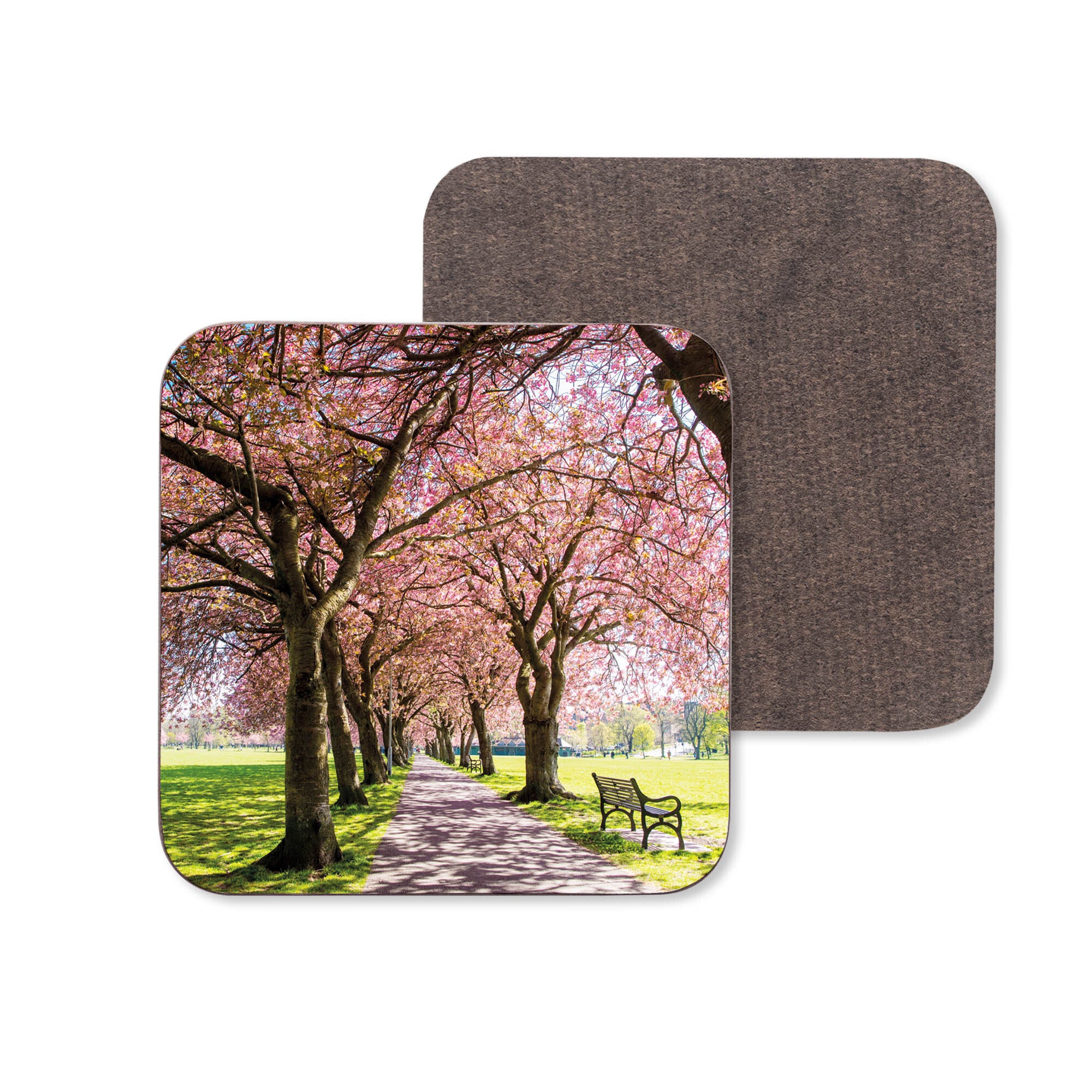 An image of a tree lined path with pink blossom on a wooden coaster.