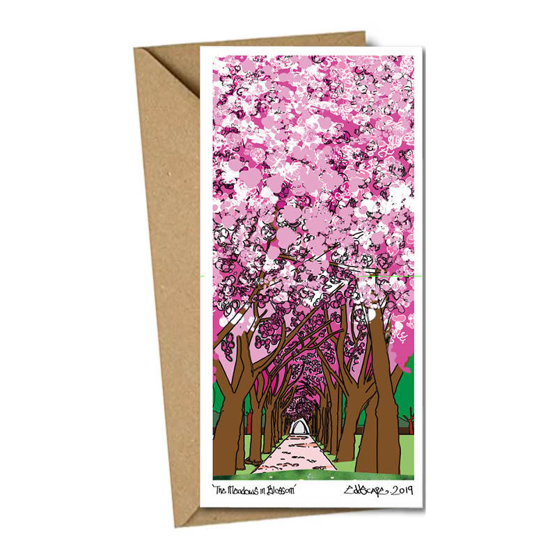 Card featuring an illustration of the cherry blossom trees in The Meadows, Edinburgh in full bloom