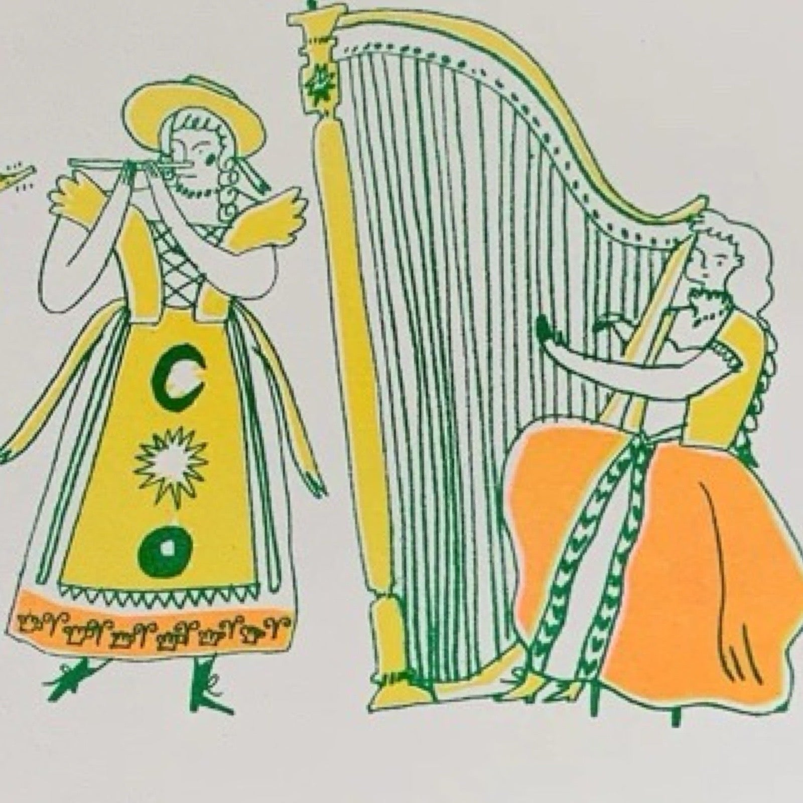 print featuring an illustration of a medieval folk band including a harpist, a flute player and a mandolin player, the musicians are dressed in amazing orange, green and yellow costumes.