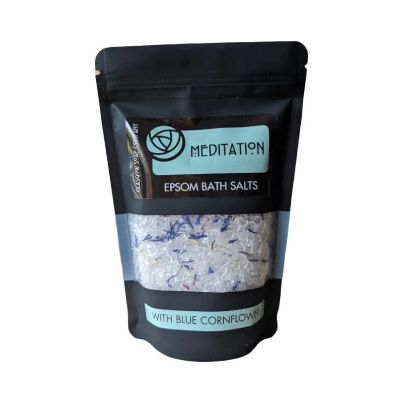 A black packet of meditation epsom salts.