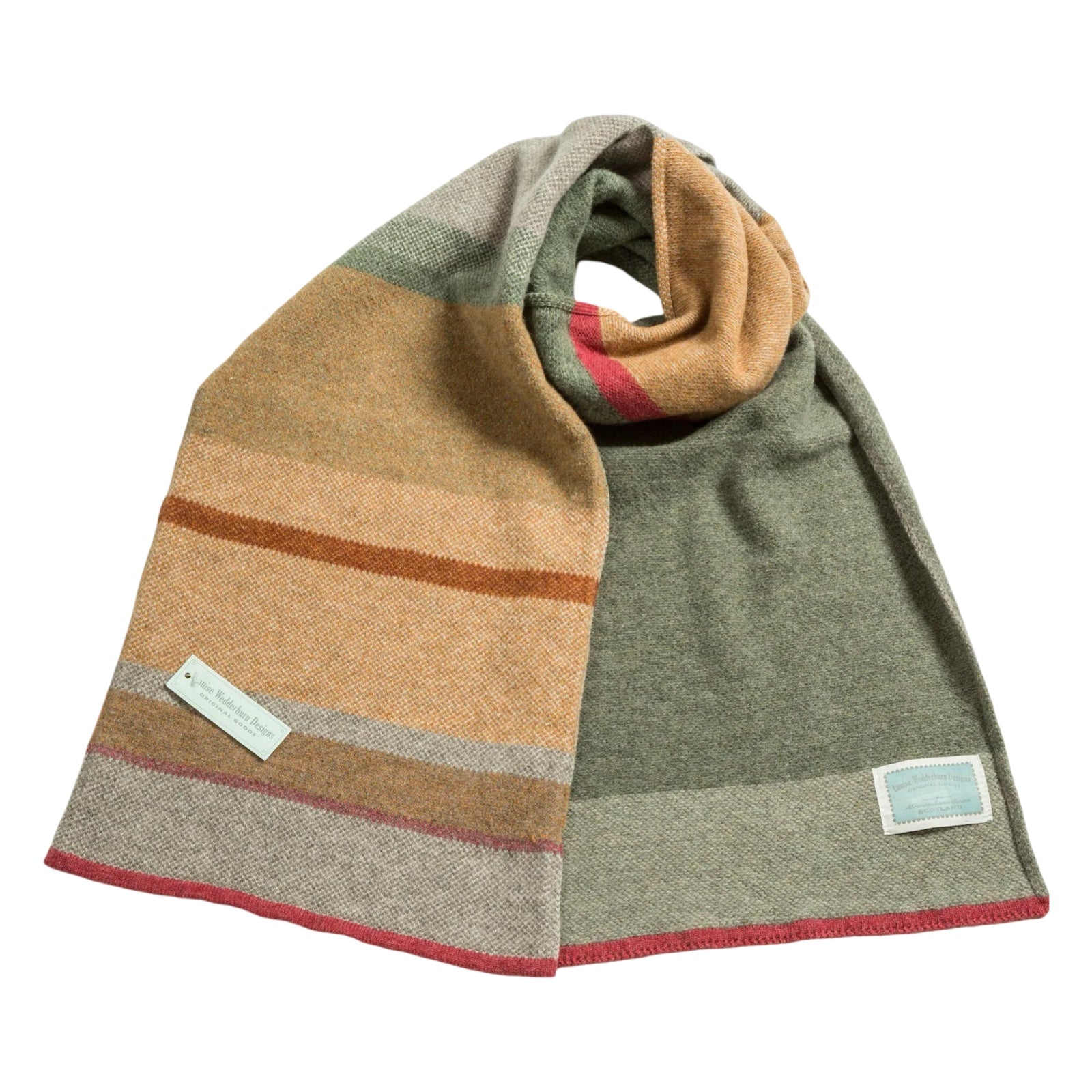 Gorgeous soft and warm 100% lambswool large striped scarf in grey, brown and orange.