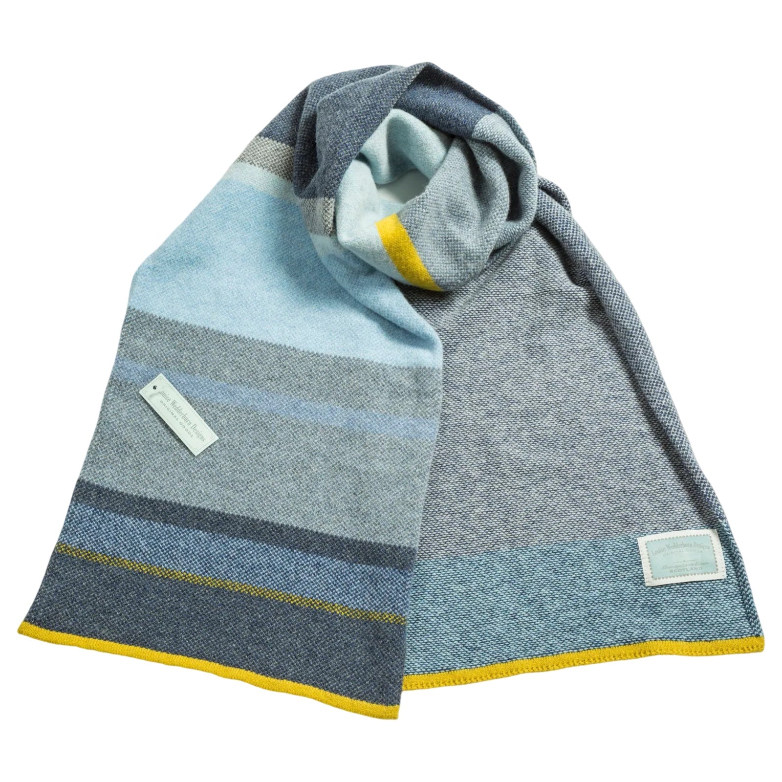 Gorgeous soft and warm 100% lambswool large striped scarf in navy, blue, grey and yellow.