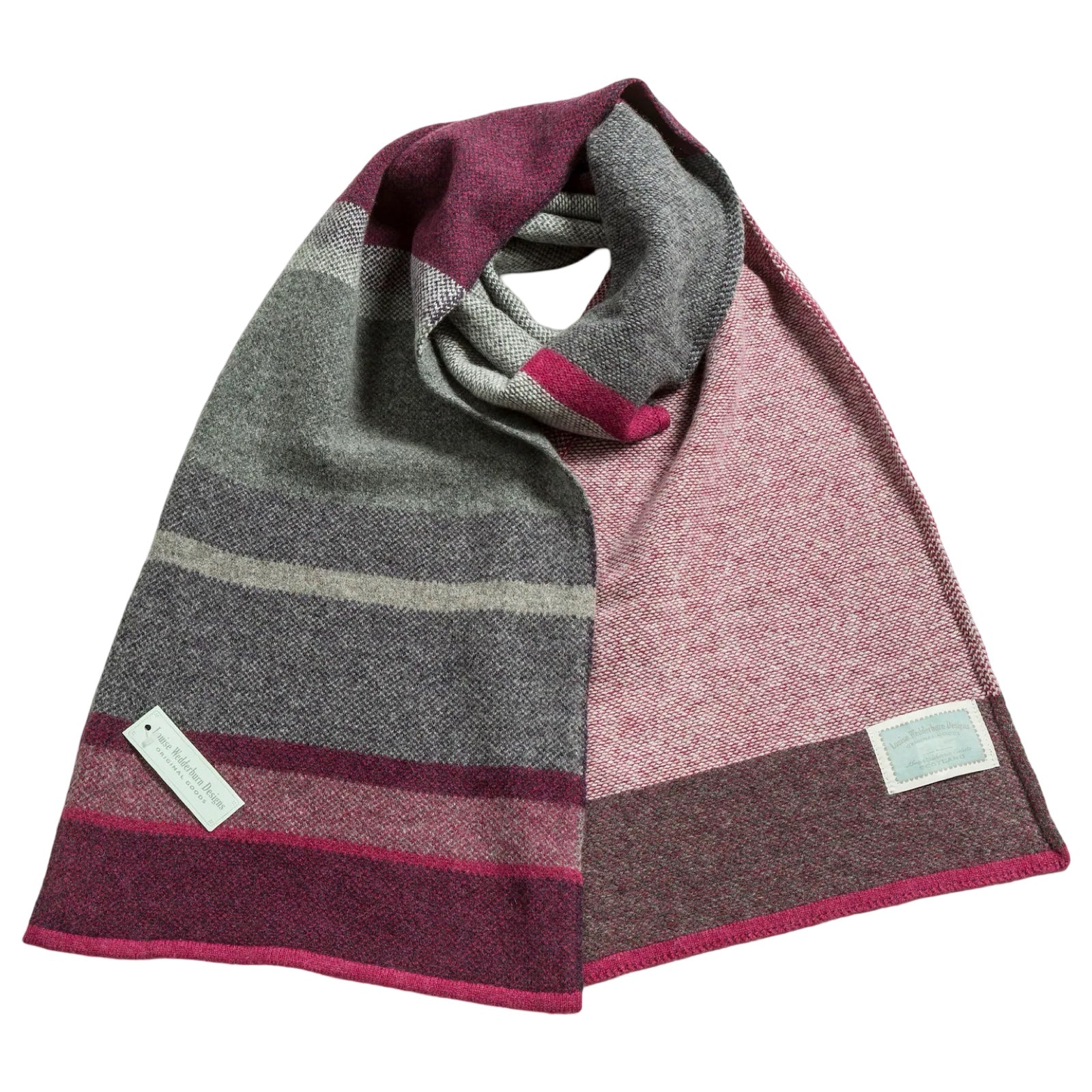 Gorgeous soft and warm 100% lambswool large scarves in deep pink and grey stripes.