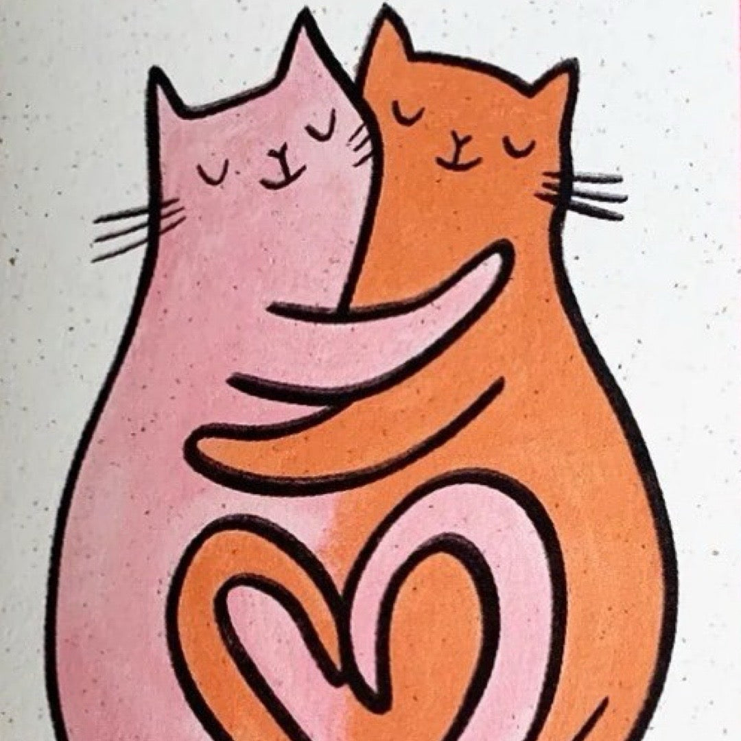 Card featuring 2 cuddling cats with their tails entwined to make a love heart with the text 'meow you' written underneath.