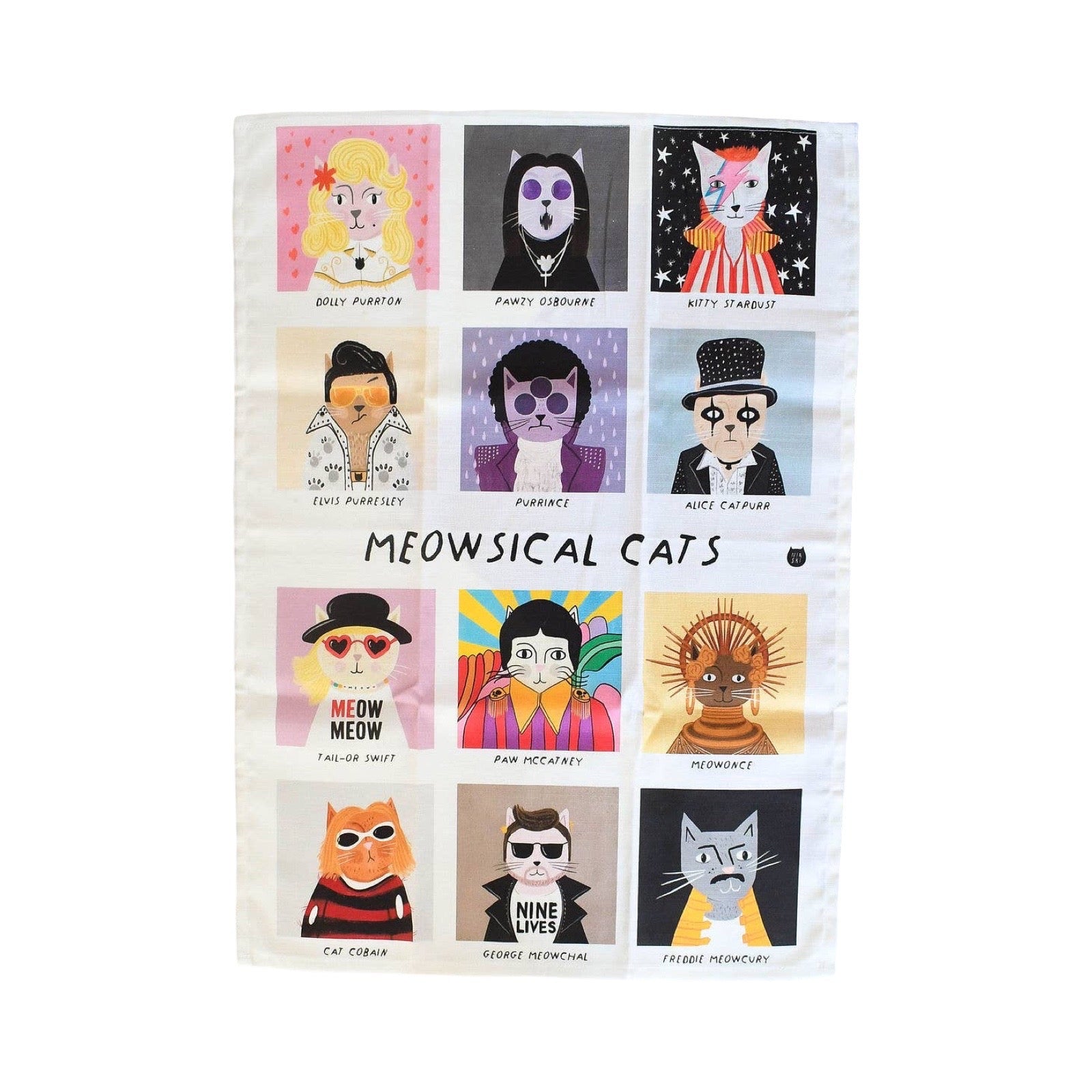 Card with illustrations of cats in various styles and poses, titled 'Meowscial Cats'.