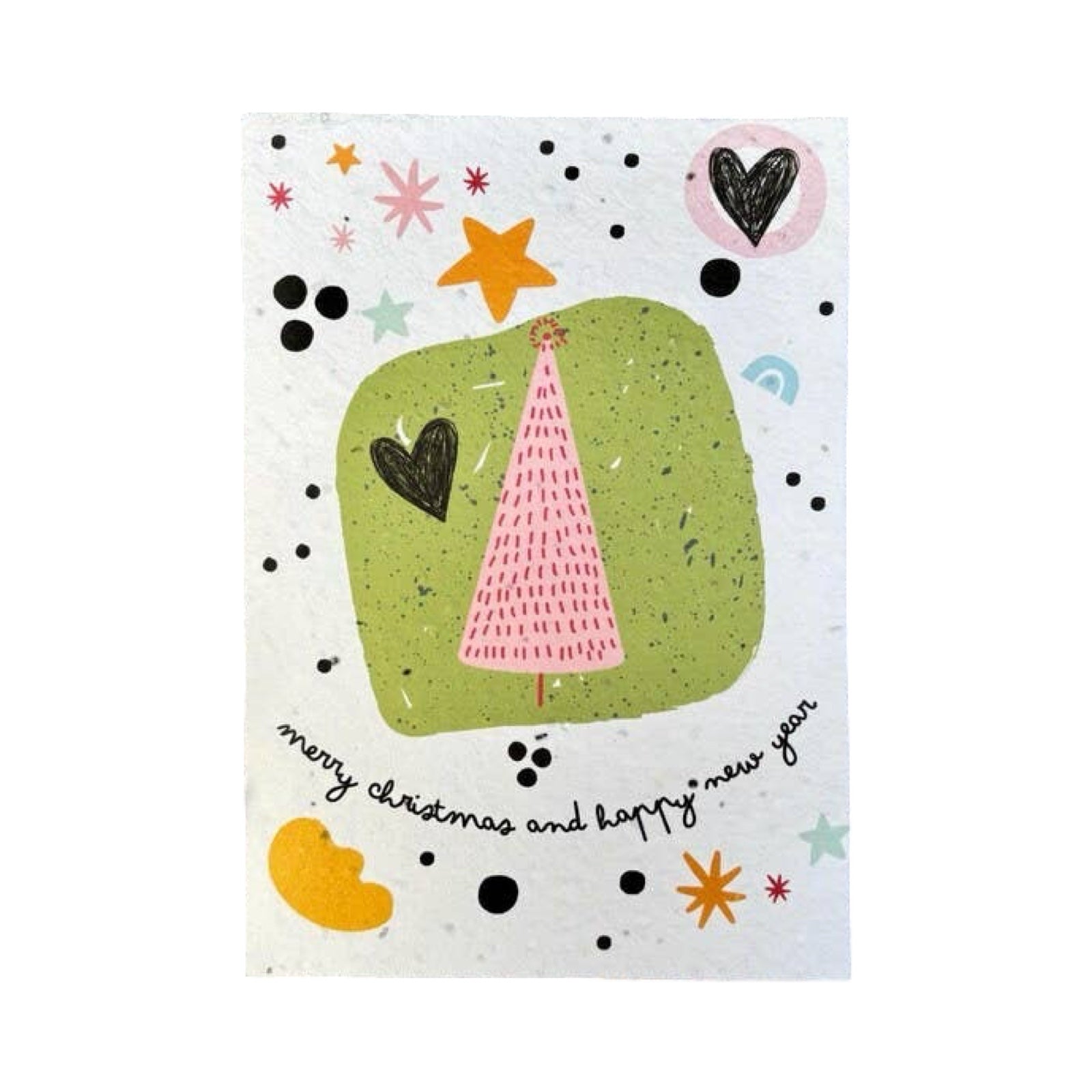 A greeting card with a white background featuring a central green rounded square, a pink Christmas tree, black hearts, colourful stars, and the text 'merry christmas and happy new year' in black script.