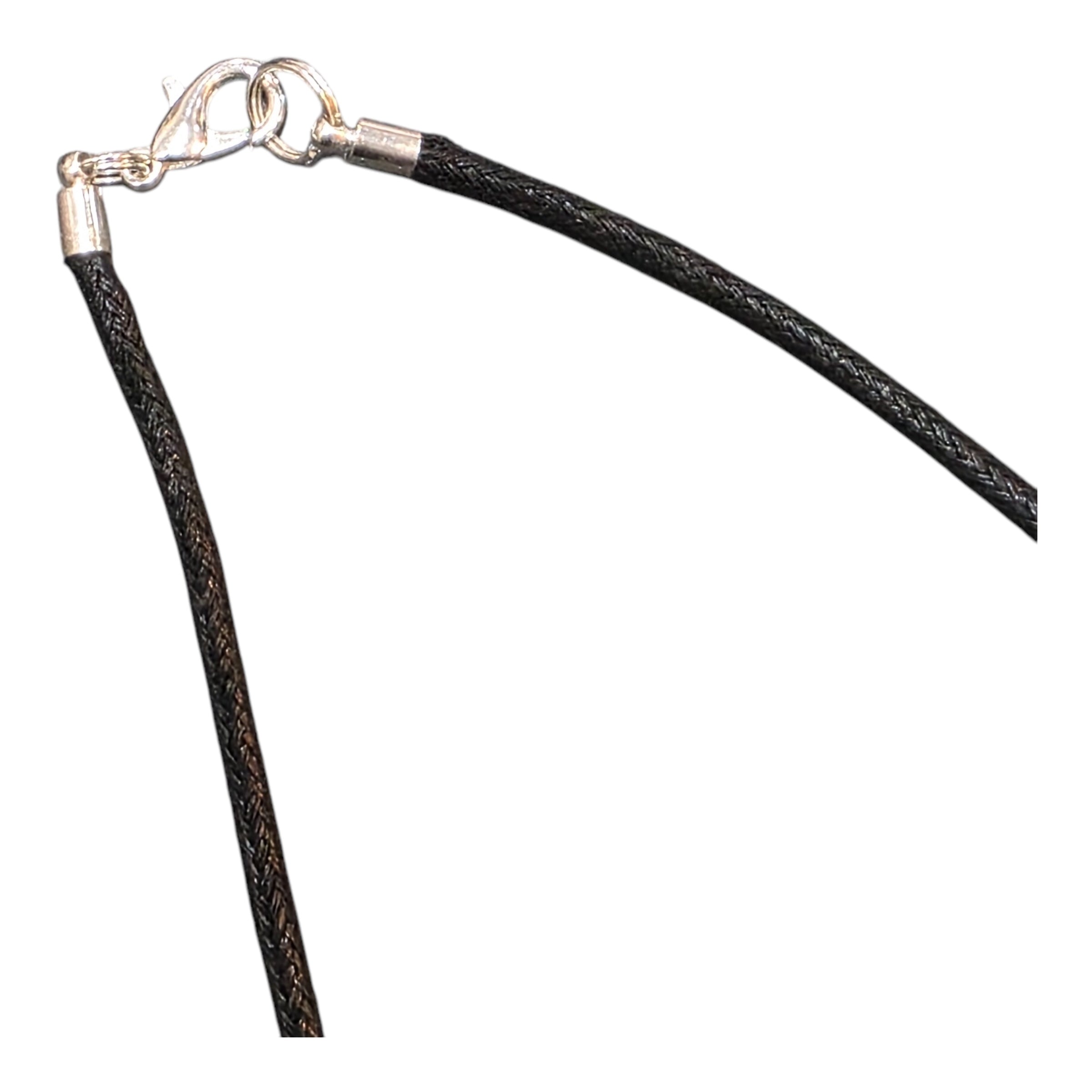 A silver coloured metal clasp on a black cord.