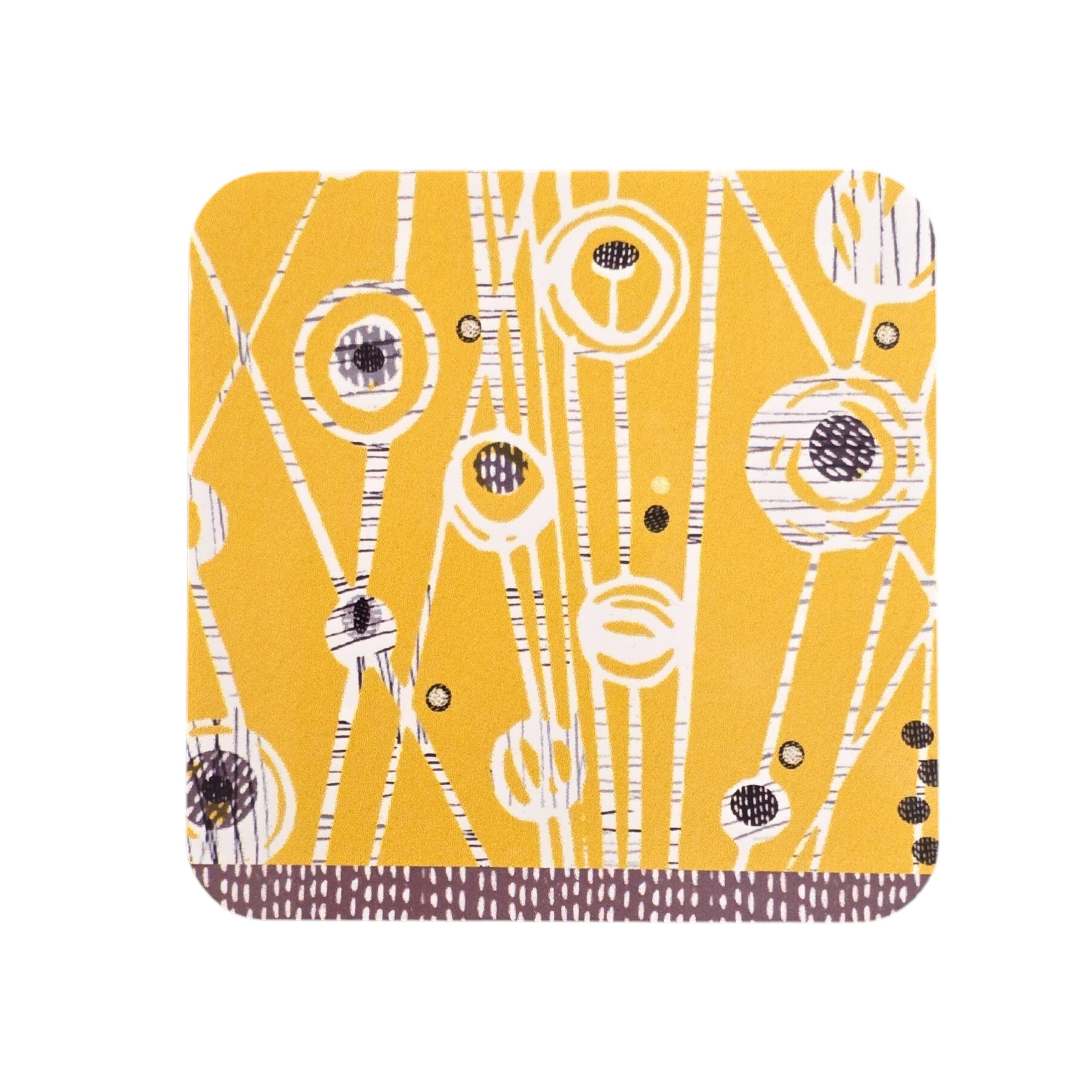 A coaster with a mustard yellow background and an abstract design.