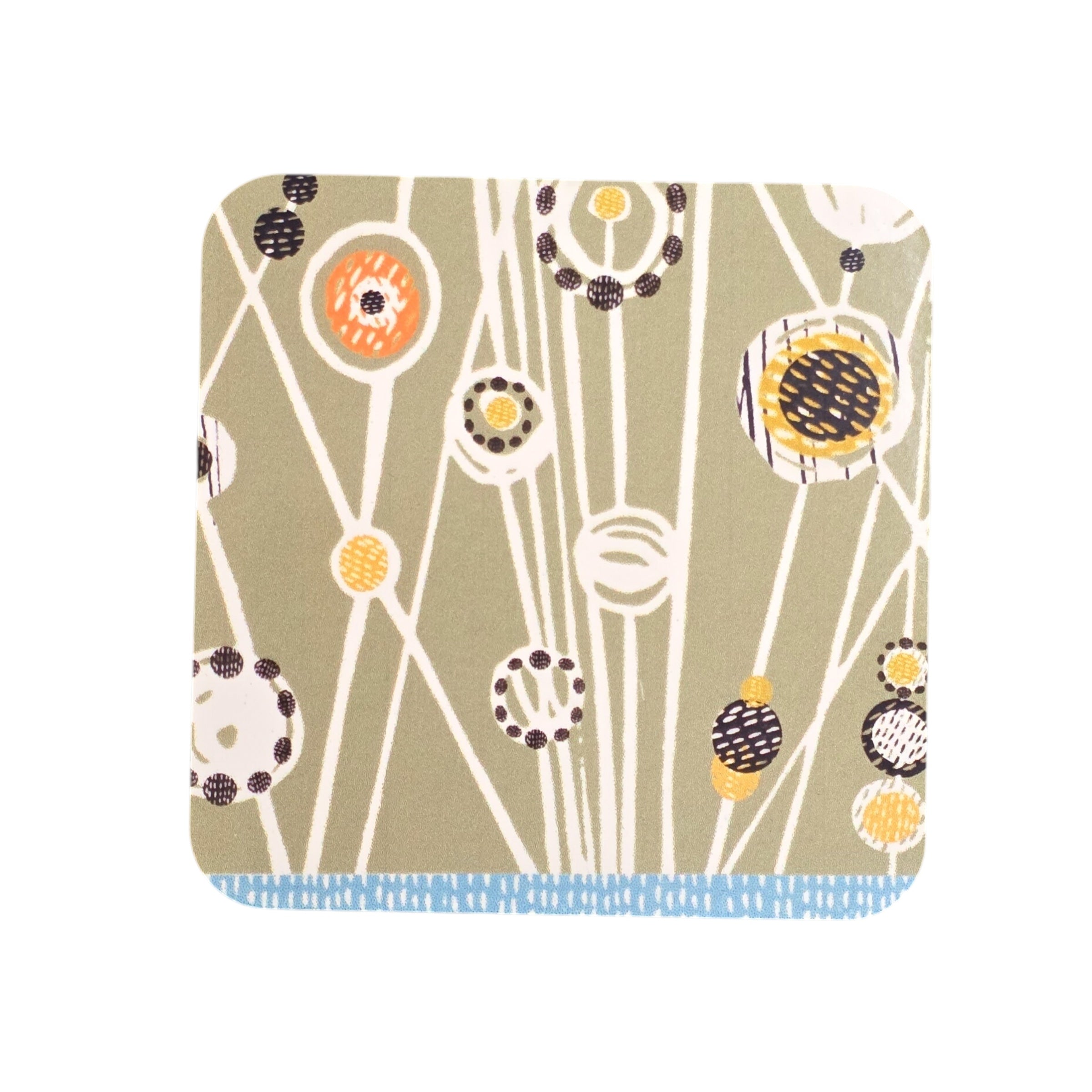 An image of a sage green coaster with an abstract design.