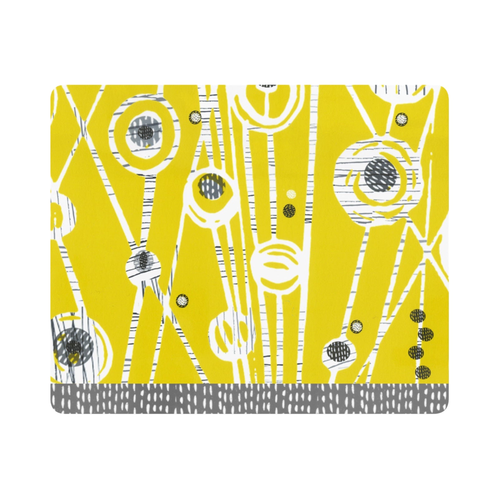A rectangular placemat with a mustard midcentury meadow design.