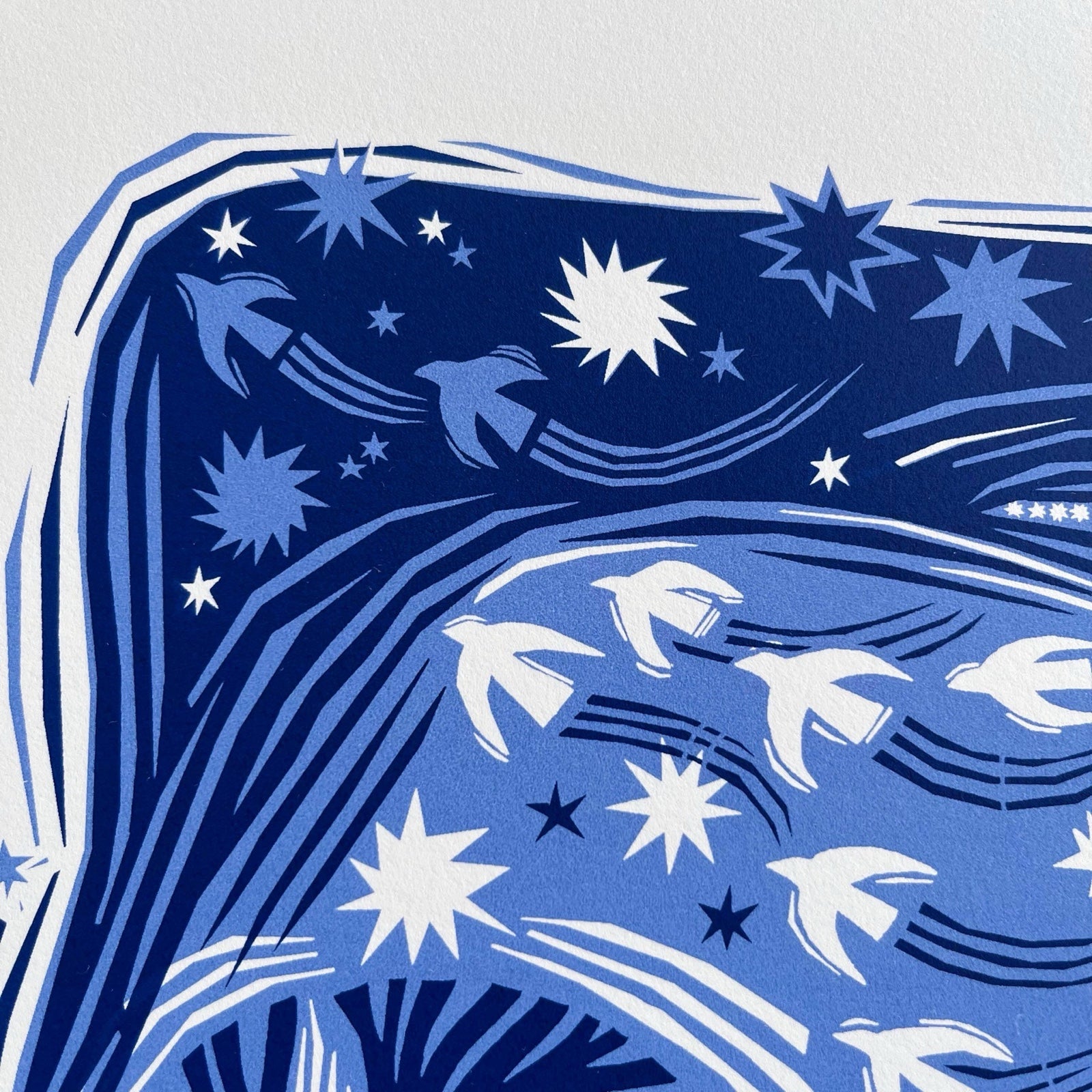 This midnight fox screen print is printed in two shades of blue. It features a fox creeping through a forest with the moon behind, and is printed on hand-torn, thick, satin white paper.