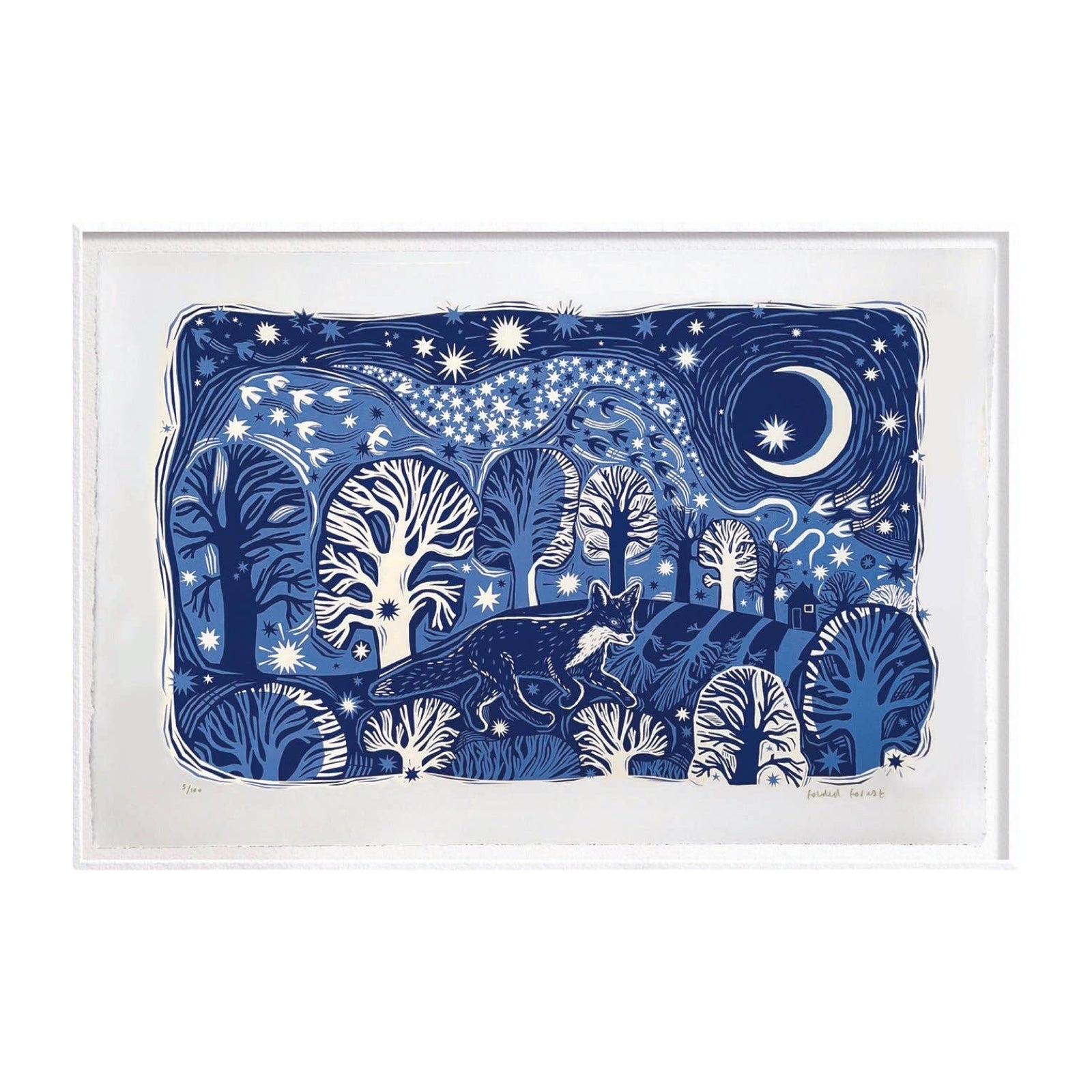 This midnight fox screen print is printed in two shades of blue. It features a fox creeping through a forest with the moon behind, and is printed on hand-torn, thick, satin white paper.