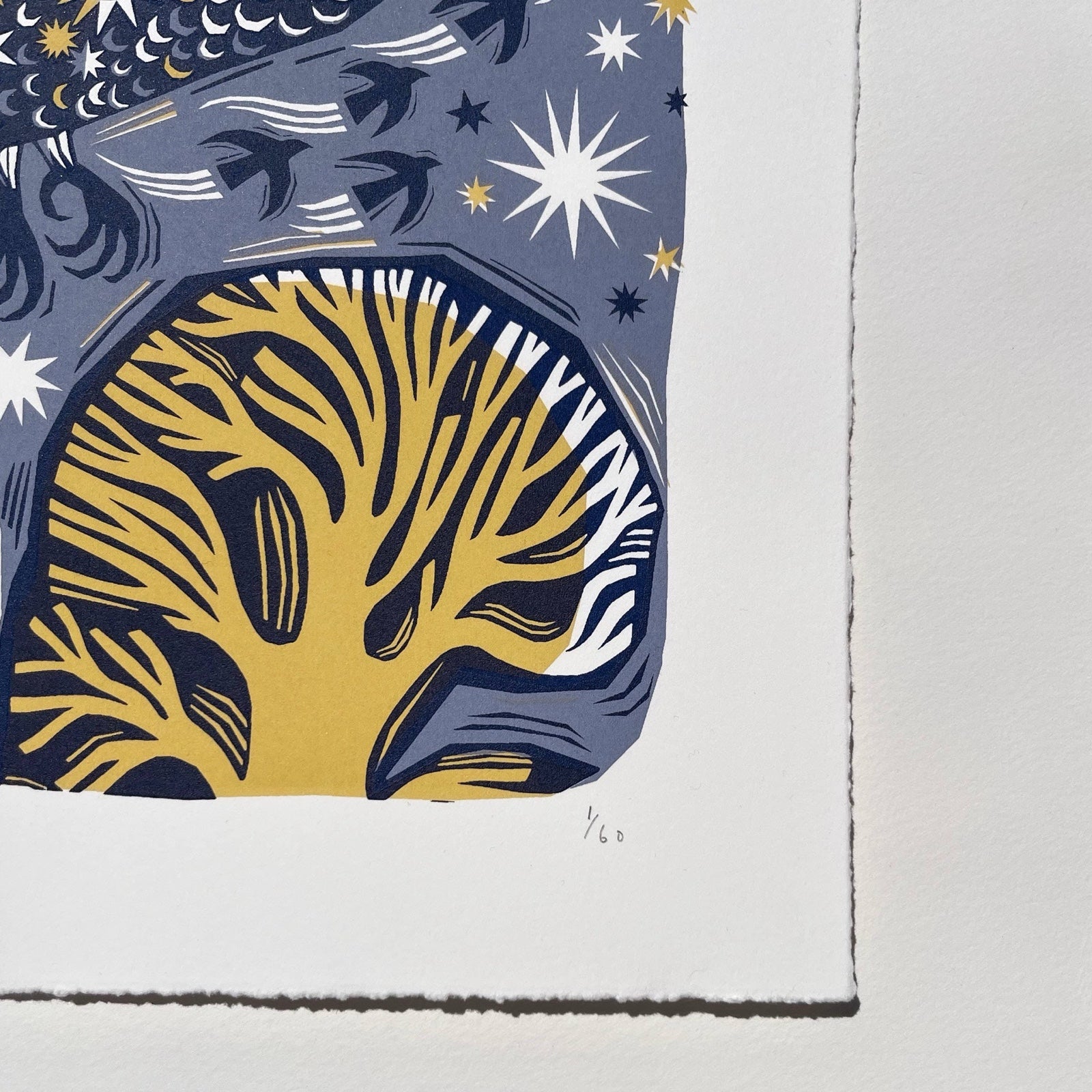 This midnight owl screen print is printed in midnight green and mustard. It features an owl flying over a forest with the moon above and is printed on hand-torn, thick, satin white paper.
