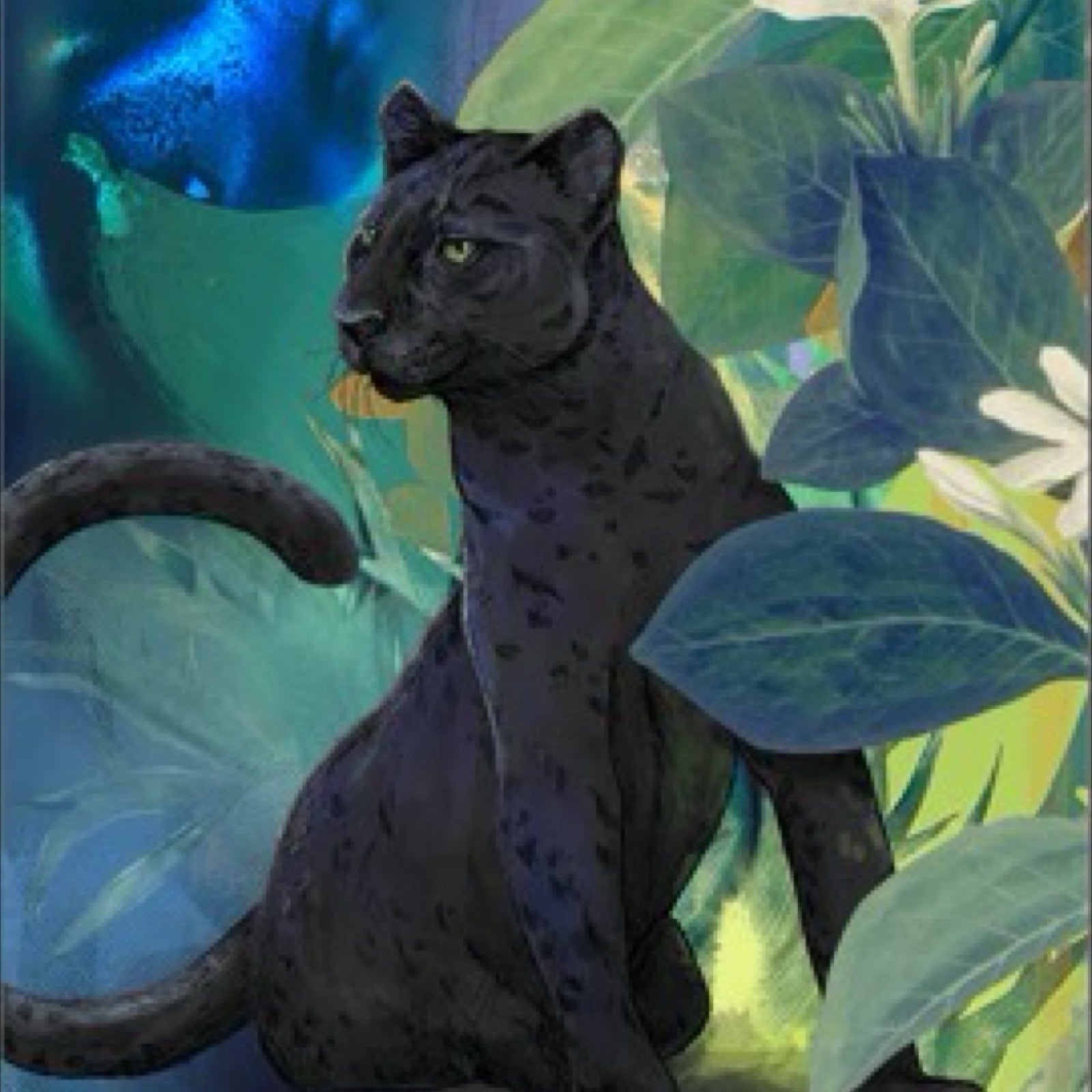 Animal print featuring a black panther sitting watching in the jungle.