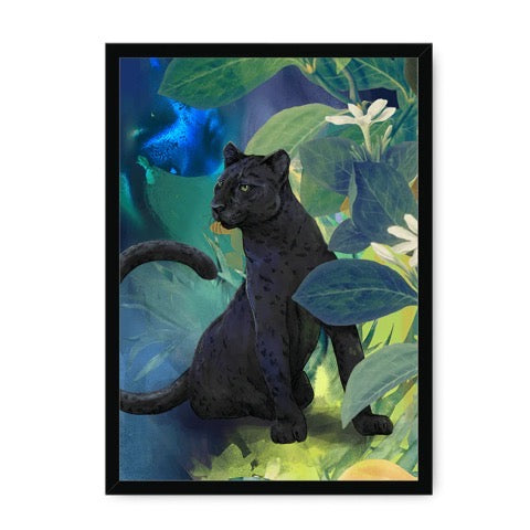 Animal print featuring a black panther sitting watching in the jungle.
