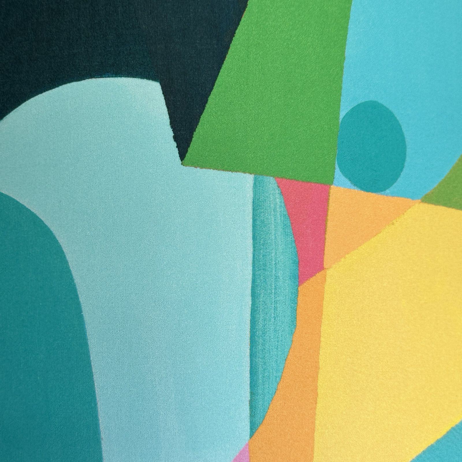 bright cotton fabric with abstract geometric shapes in turquoise, navy, pink, yellow and green