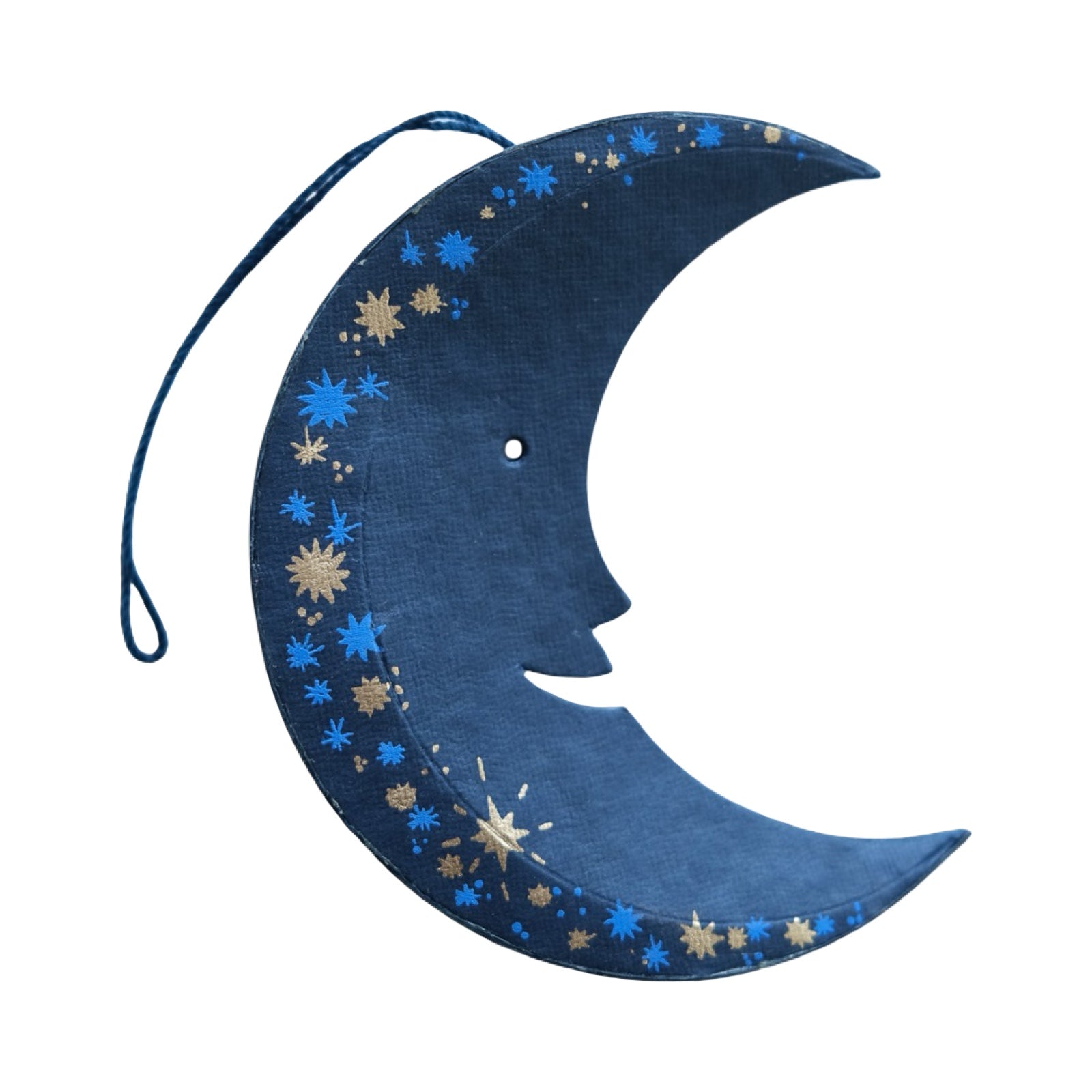 This gorgeous navy, blue and gold moon-shaped decoration has a matching 10cm cotton loop for hanging. Each moon decoration is made from 100% recycled paper, screen-printed by hand and moulded into a durable board decoration.