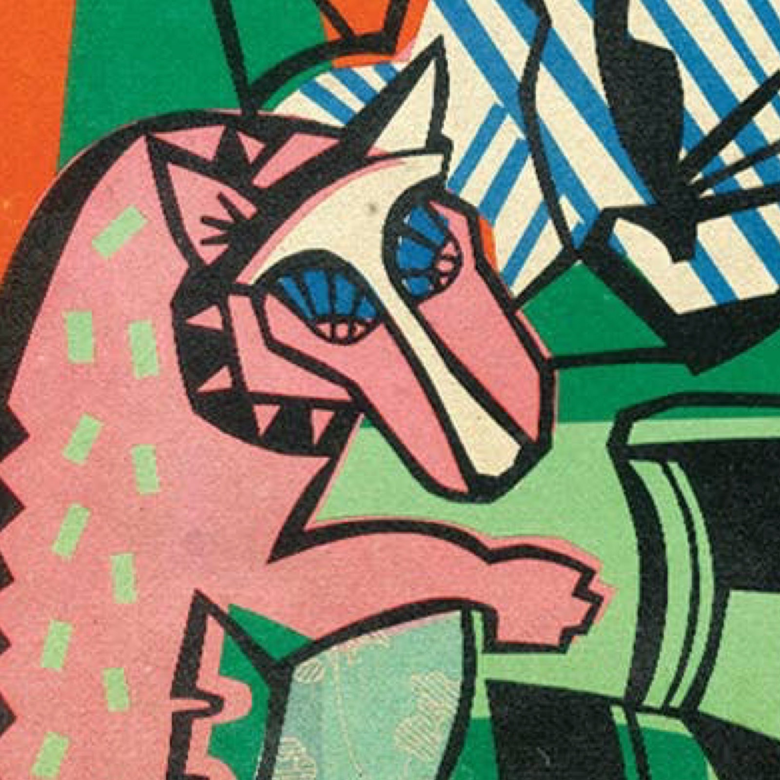 A close-up of a colourful abstract artwork featuring a pink stylized animal head with blue eyes, outlined in black, against green, orange, and blue striped shapes.