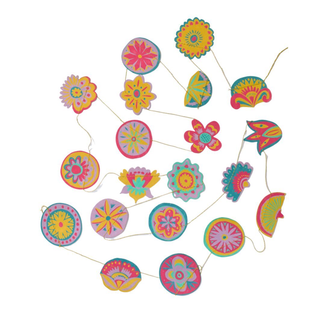 Folk-inspired garland, featuring twenty screen-printed decorations influenced by botanical illustrations, folk patterns, and symbology in summer shades of pink, yellow, turquoise and purple.