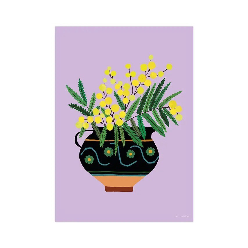 Print of a bunch of yellow mimosa flowers in a black and orange jug, decorated with green flowers all on a lilac background.