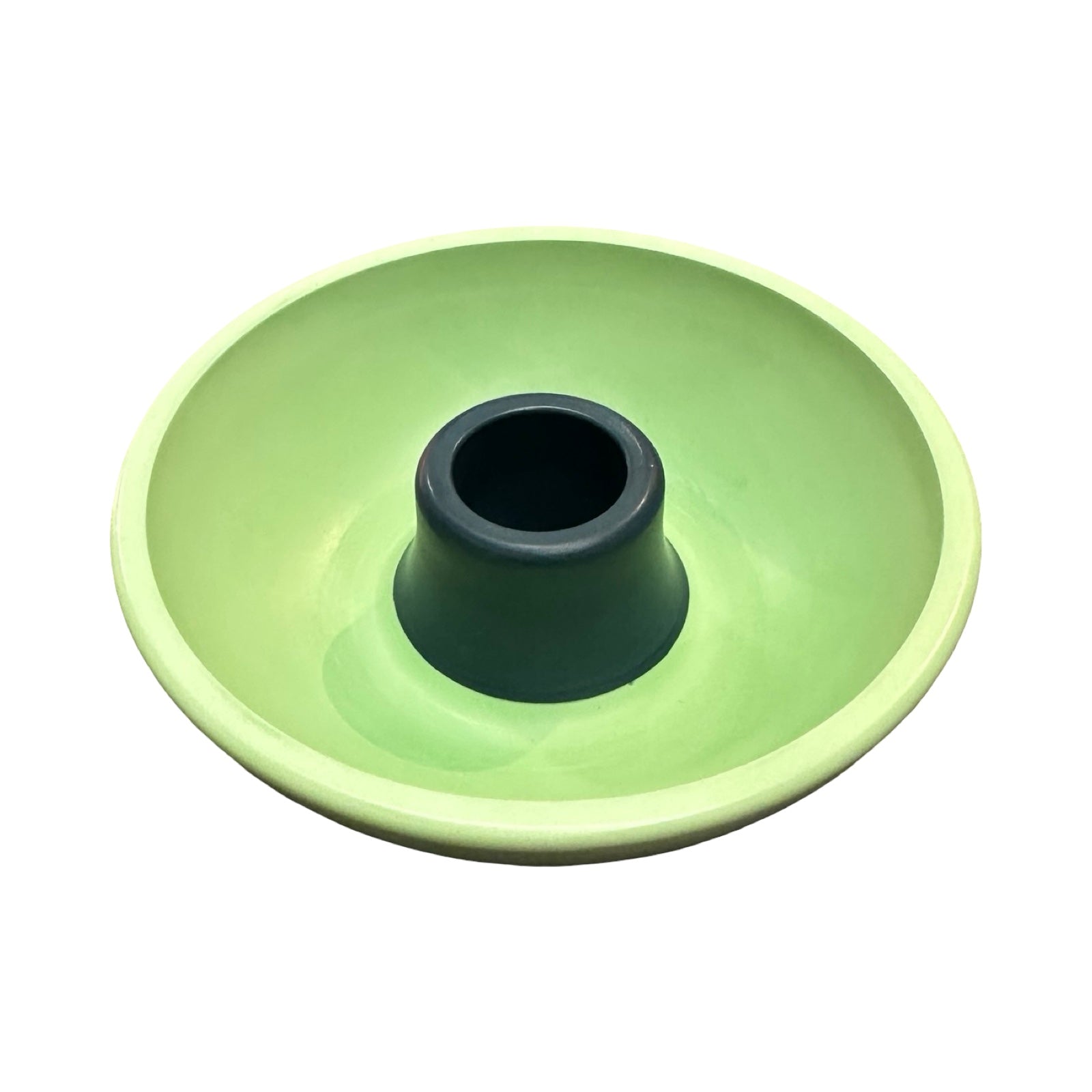 Green ceramic candle holder with a navy centre on a white background.