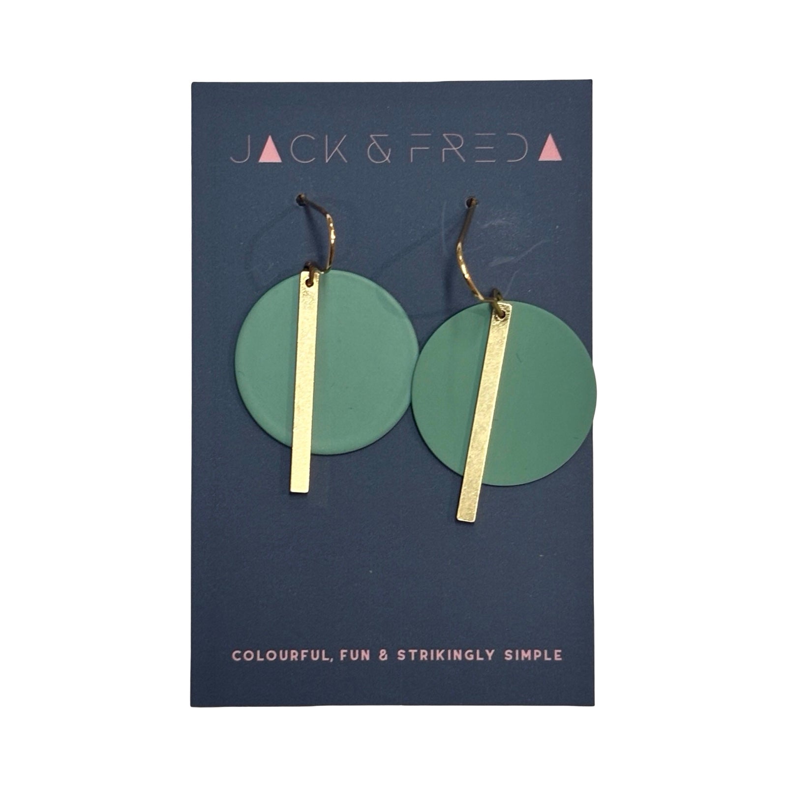 Green round earrings with gold bars, on backing card, on a white background.