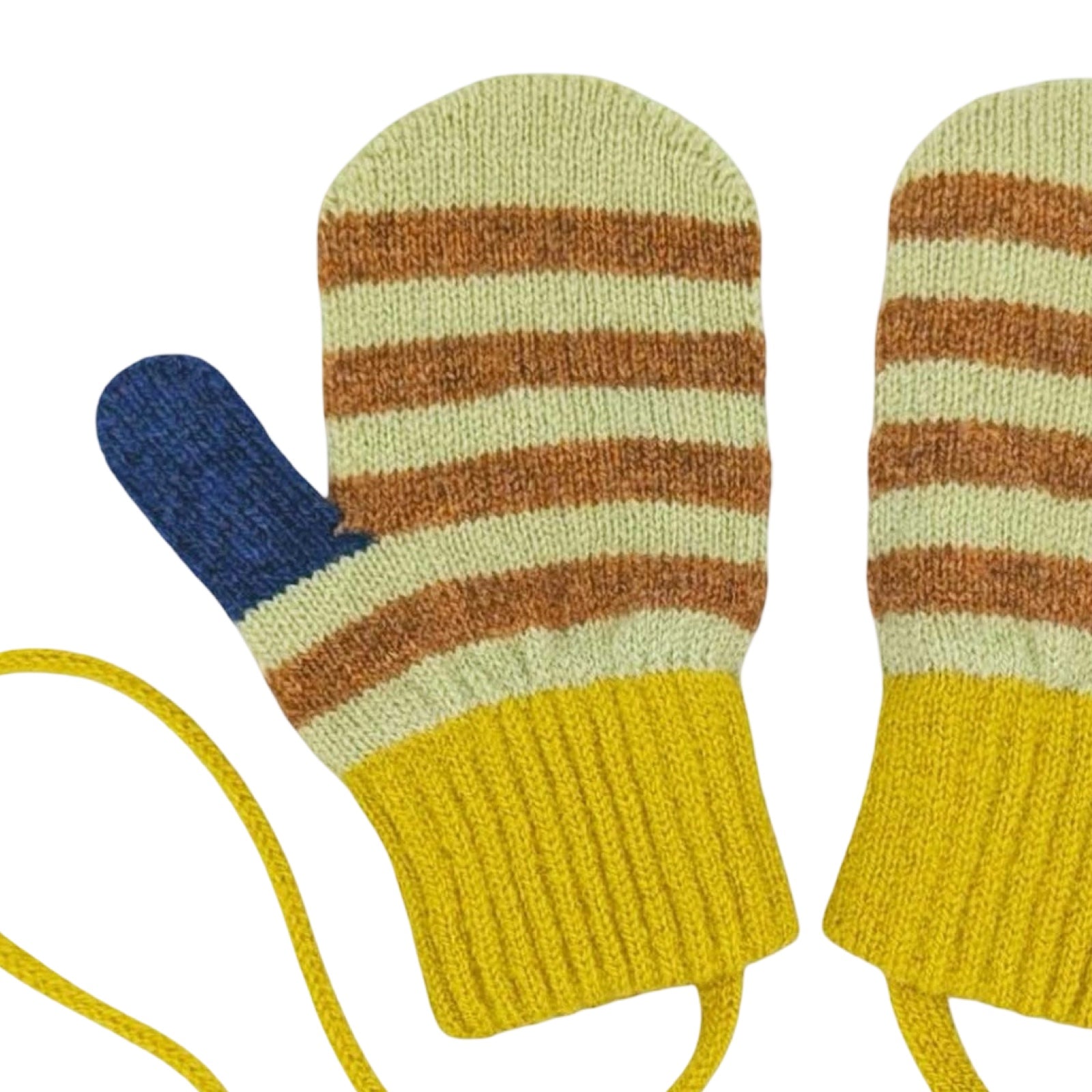 Pair of colourful striped mittens on a white background.