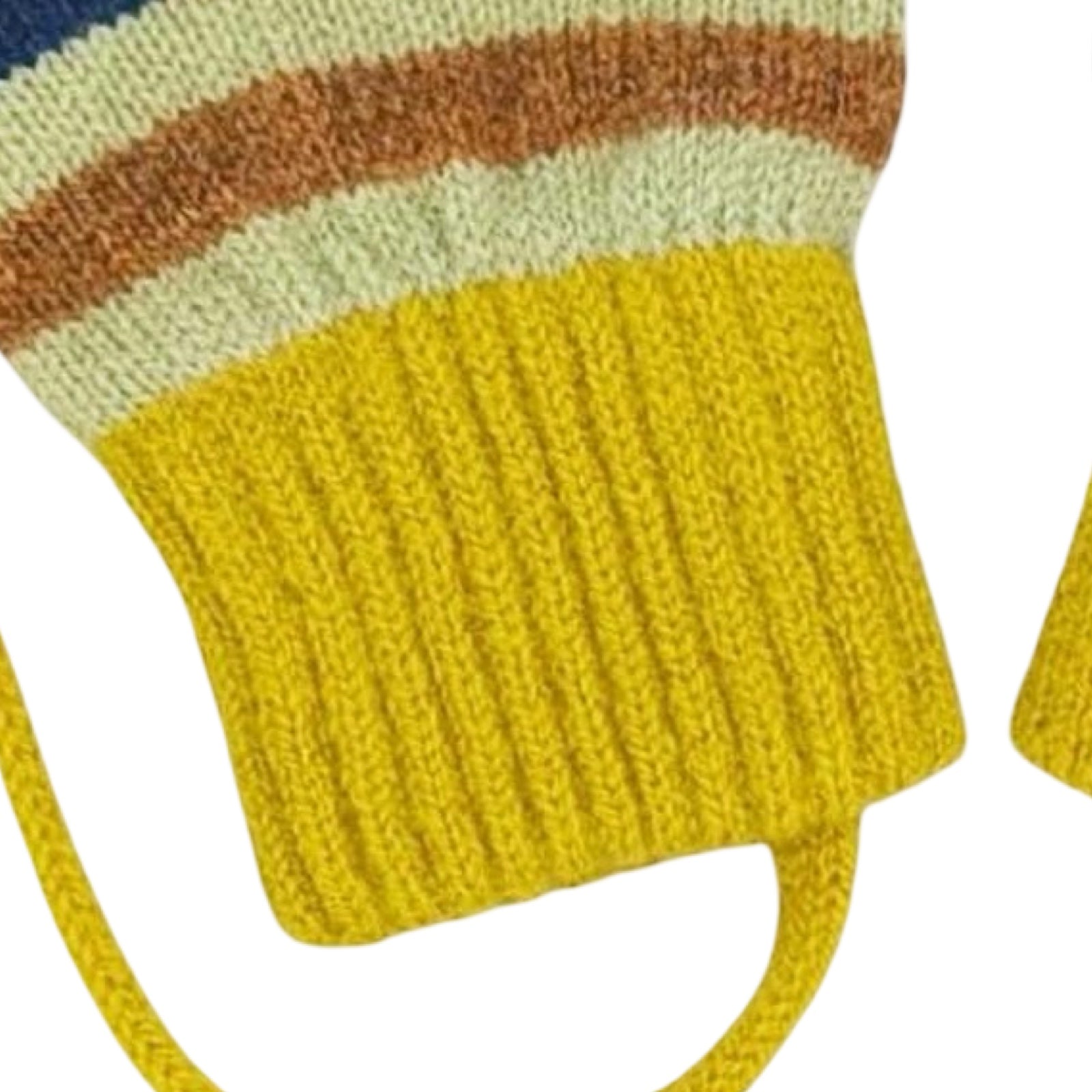 Close-up of a knitted yellow cuff with brown and beige stripes on a white background.