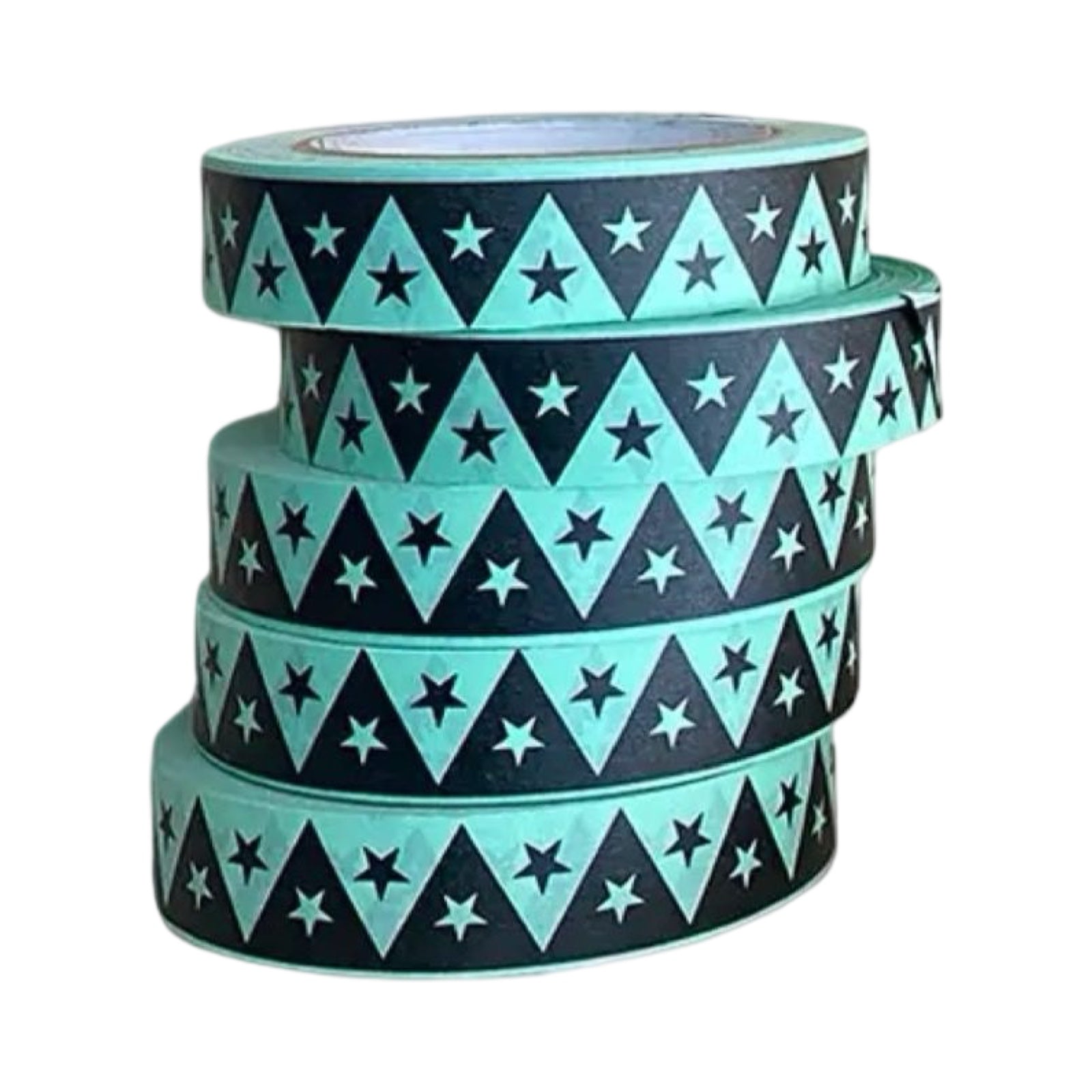 Bright and colourful paper tape for wrapping or scrapbooking with black triangles and stars on a mint green background.
