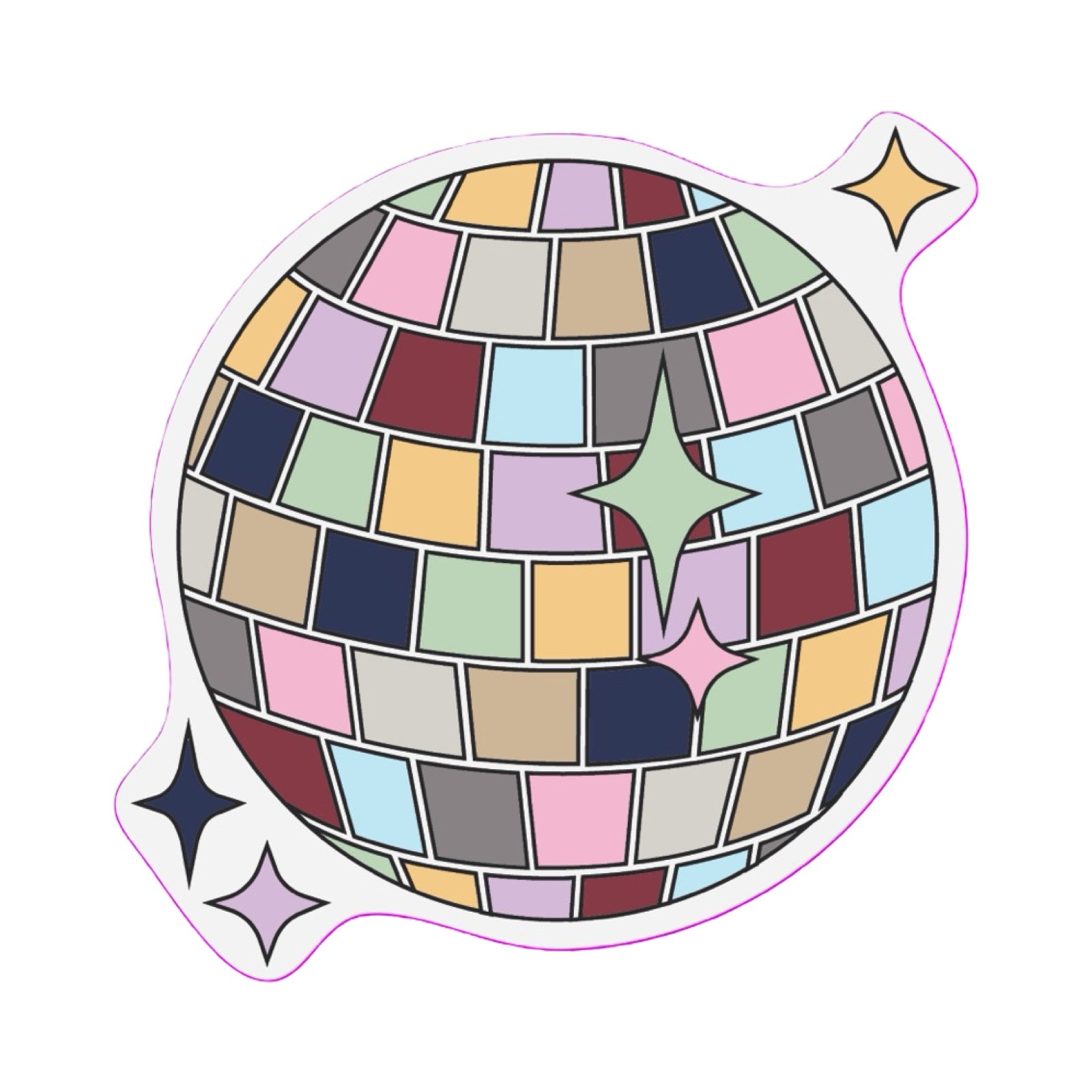 Colourful mirrorball with stars on a white background.