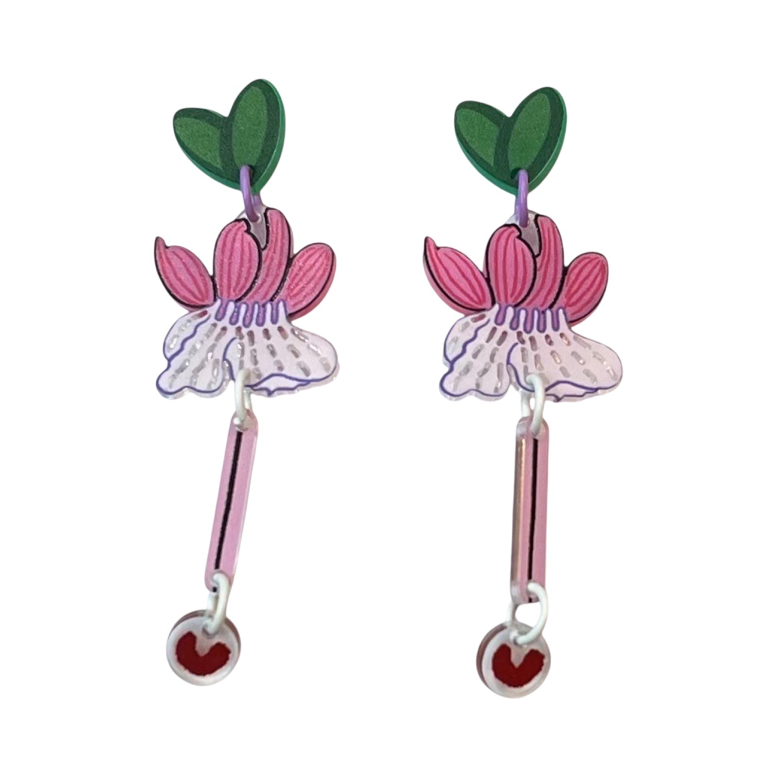 A pair of acrylic dangle earrings with green leaf studs, pink and white fuchsias, long pink stems and red love hearts at the base.