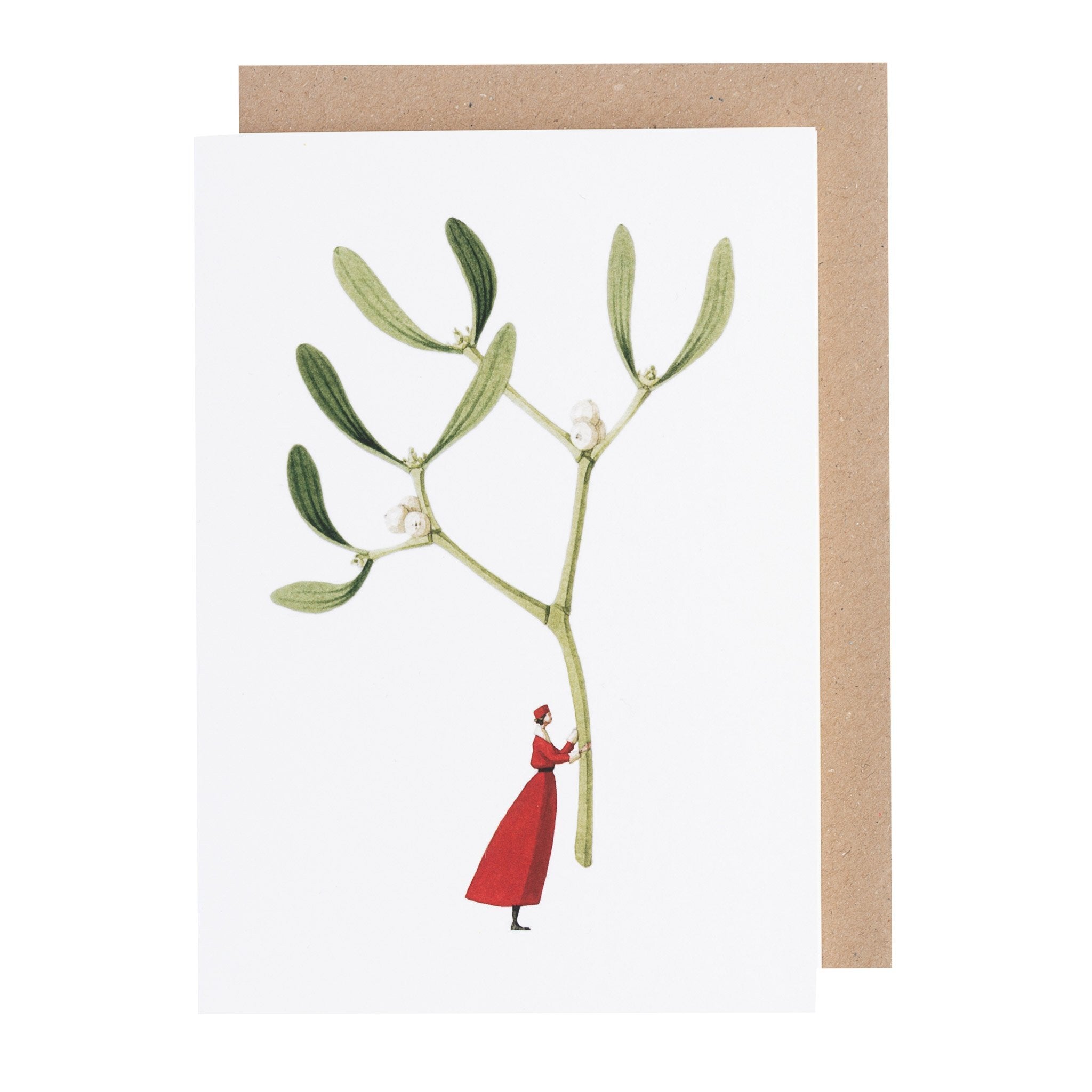 Christmas card featuring an illustration of a lady in a long red coat holding a giant stem of mistletoe.