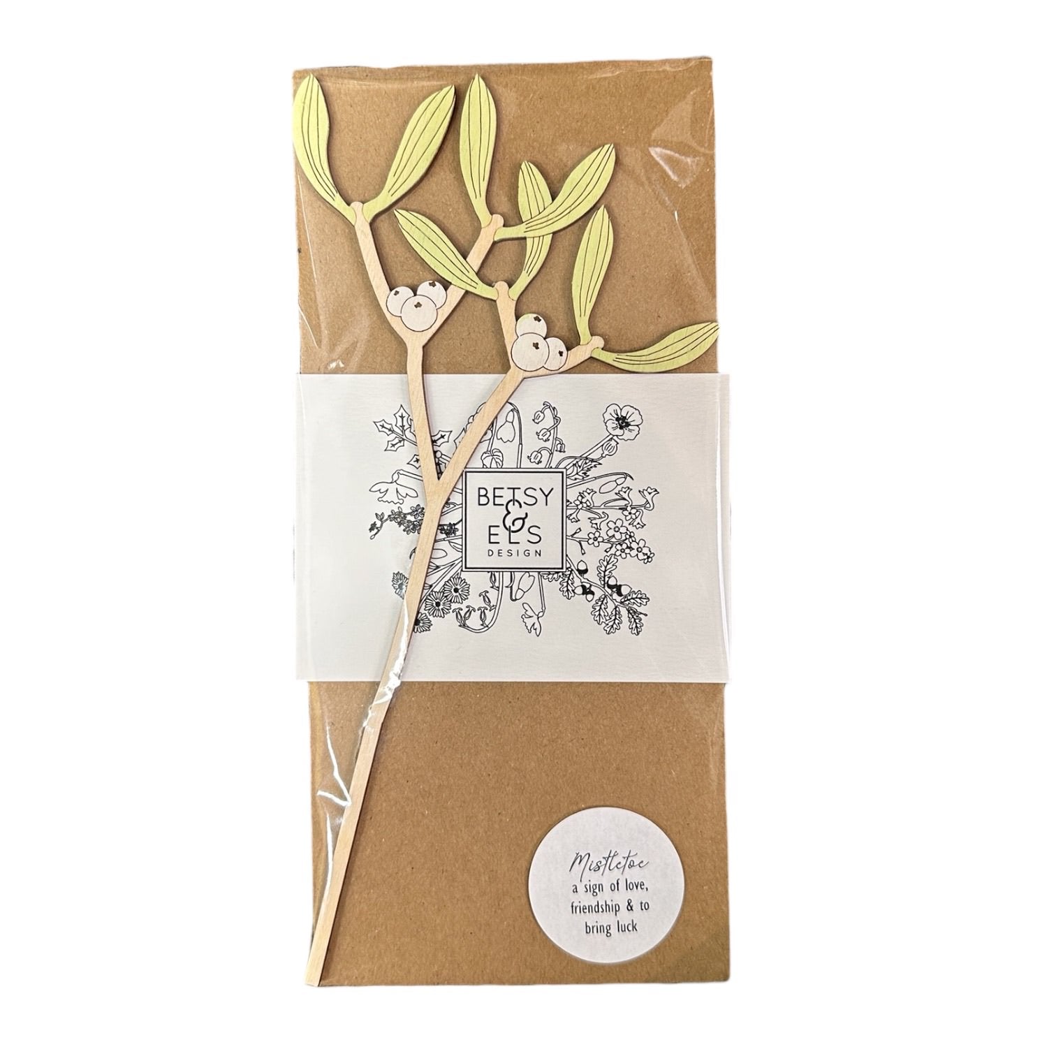 Packaged single mistletoe stem with green leaves and white berries