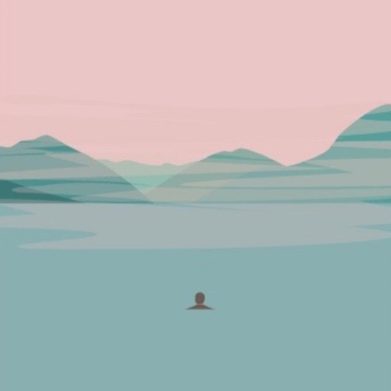 Surreal landscape with a person standing on water and mountains in the background.