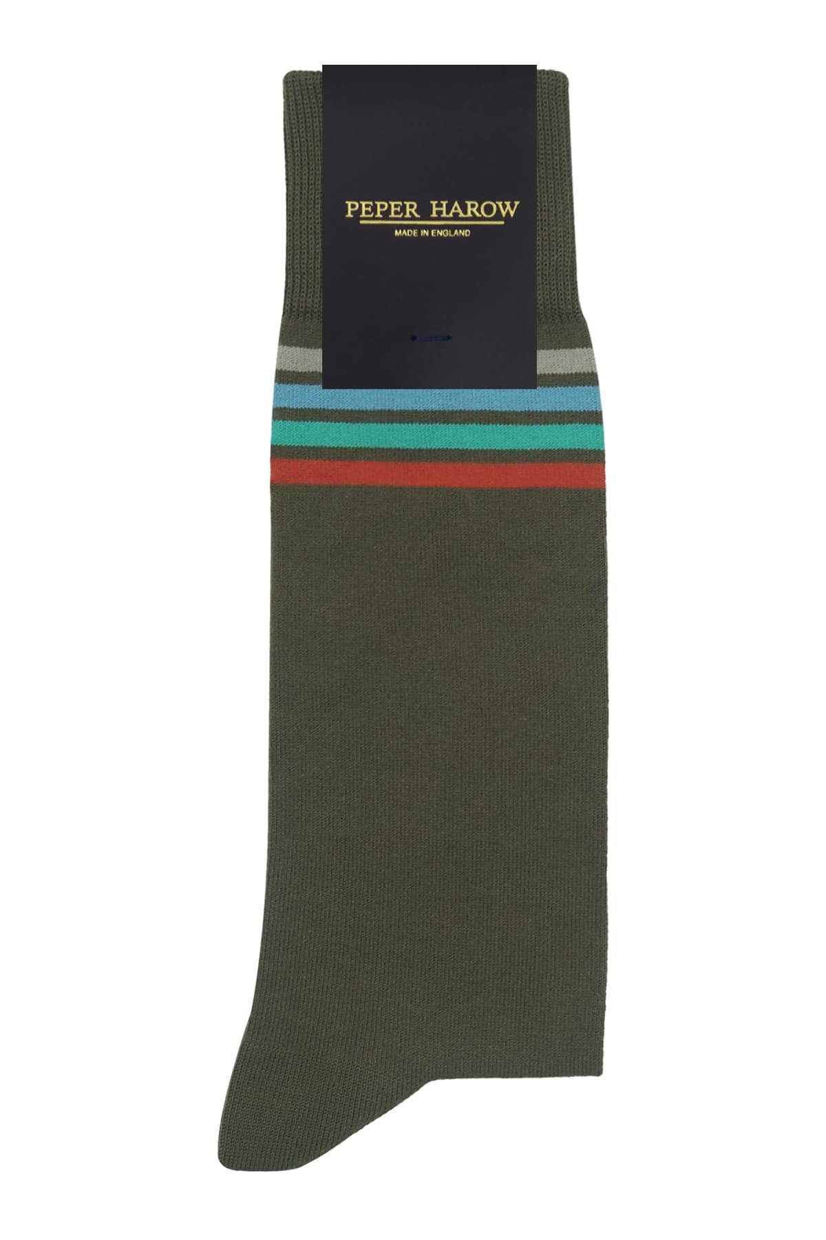 Green sock with colorful stripes and 'Peper Harow' branding on a white background.